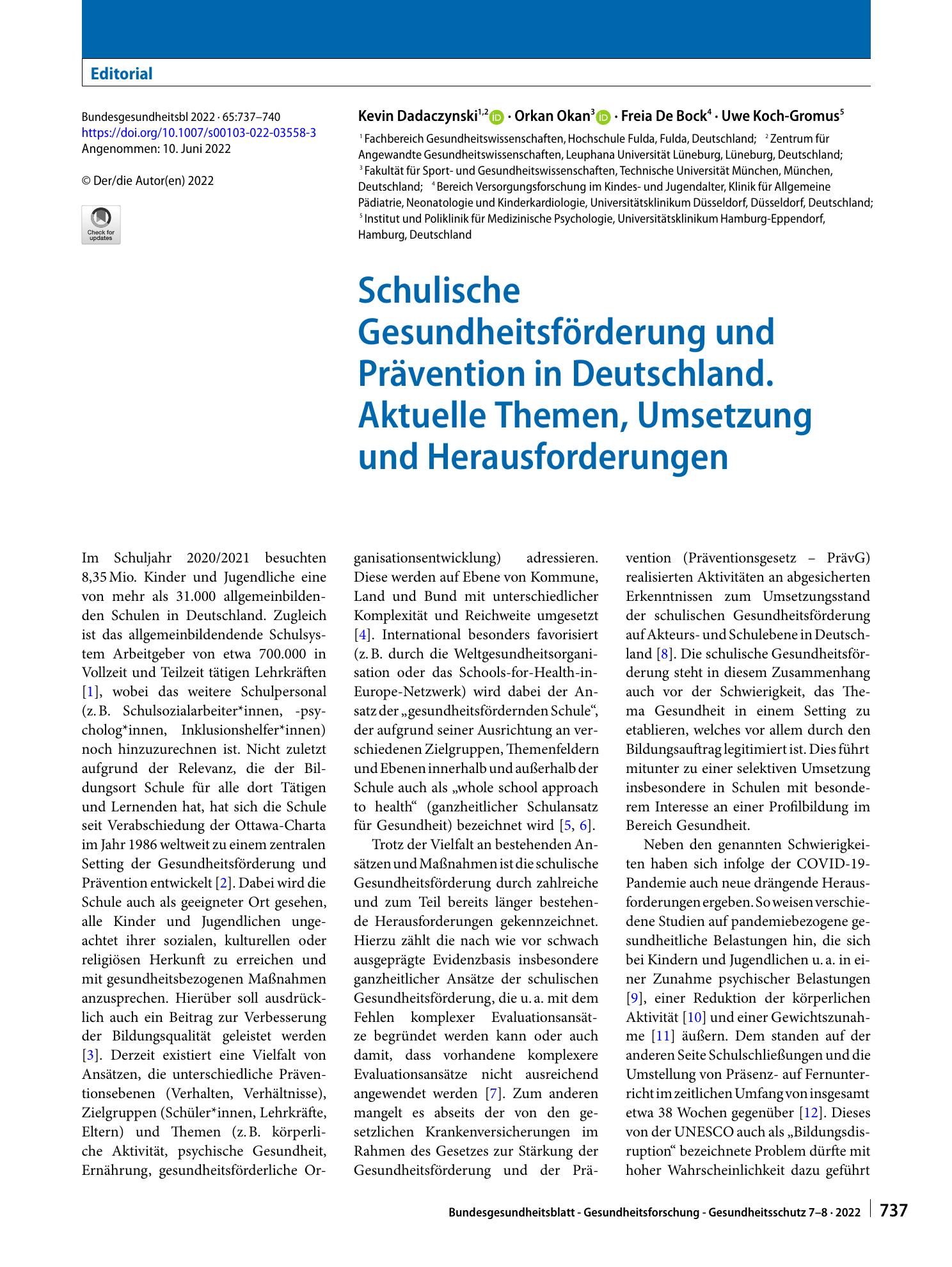 Vorschauseite 1: Schulische Gesundheitsförderung und Prävention in Deutschland. Aktuelle Themen, Umsetzung und Herausforderungen