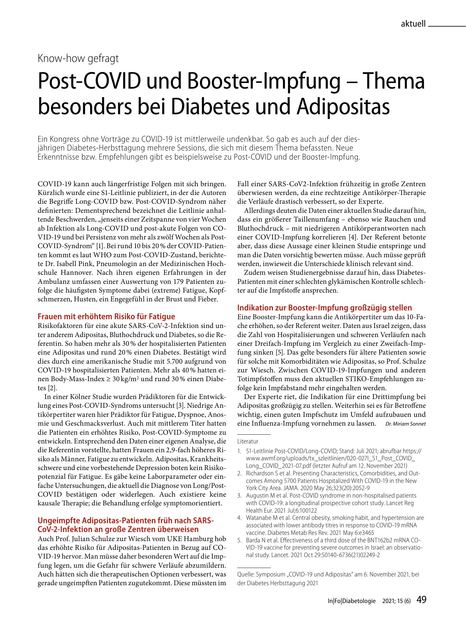 Vorschauseite 1: Post-COVID und Booster-Impfung - Thema besonders bei Diabetes und Adipositas