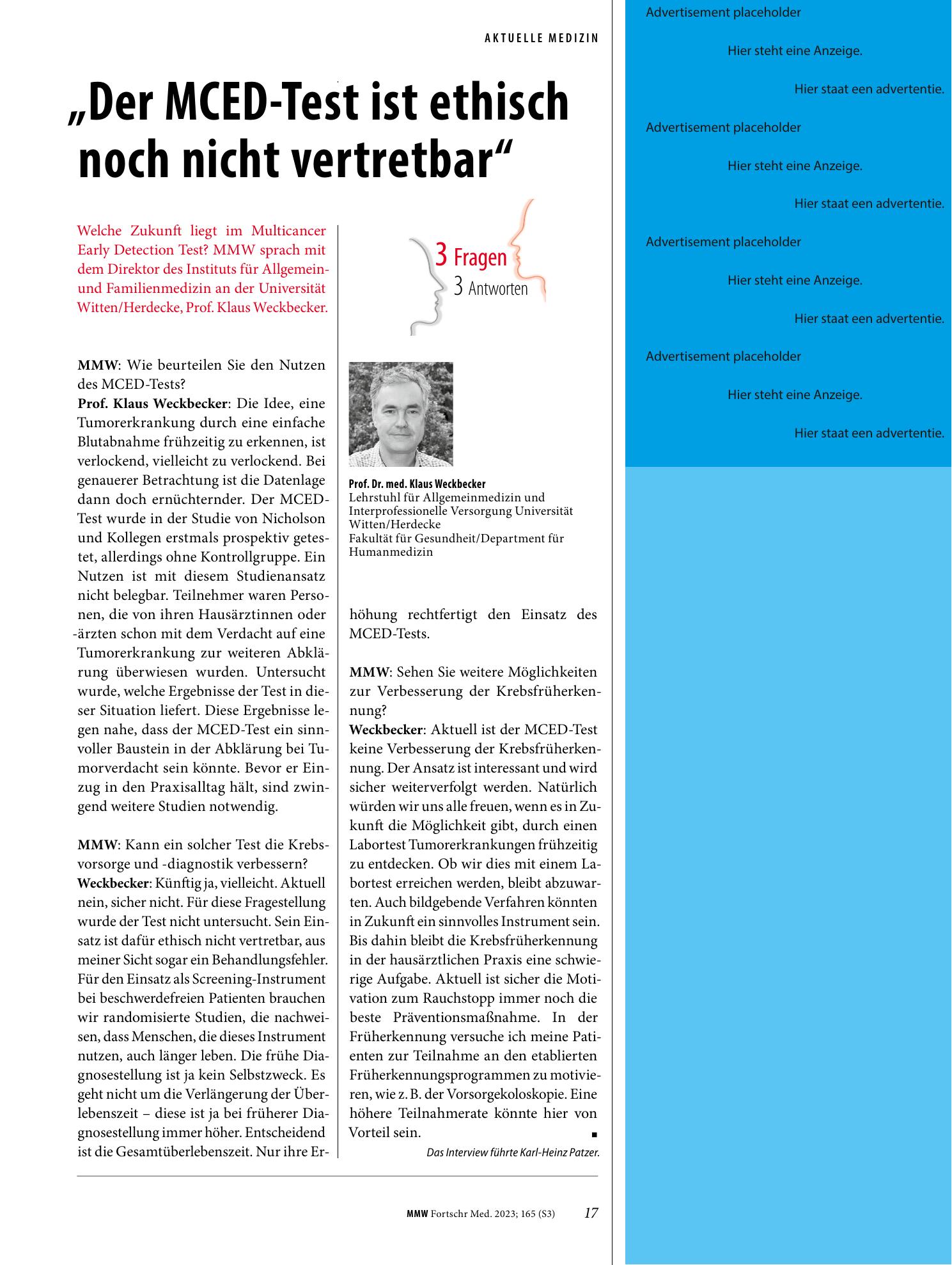 Vorschauseite 1: "Der MCED-Test ist ethisch noch nicht vertretbar"