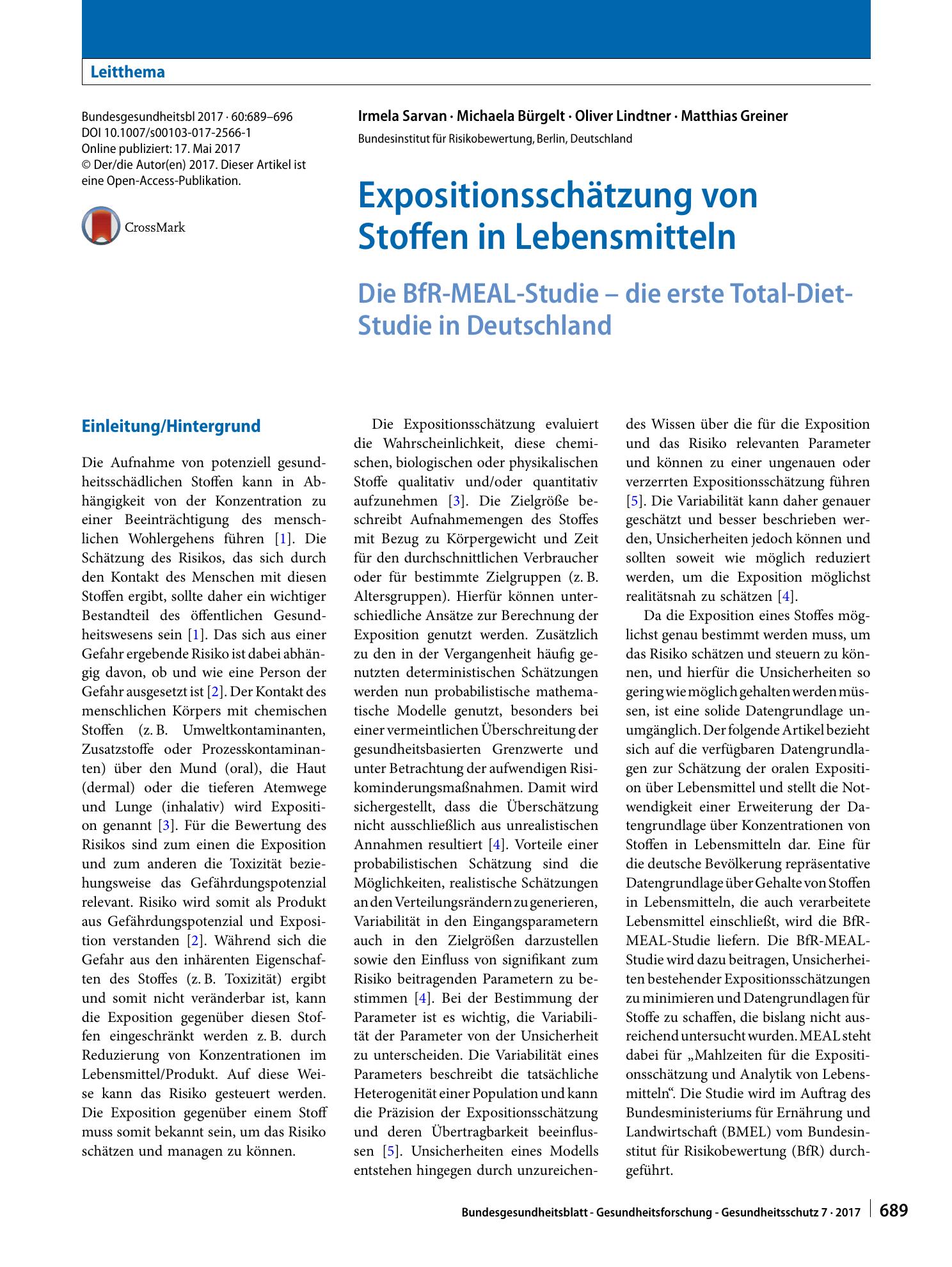 Vorschauseite 1: Expositionsschätzung von Stoffen in Lebensmitteln
