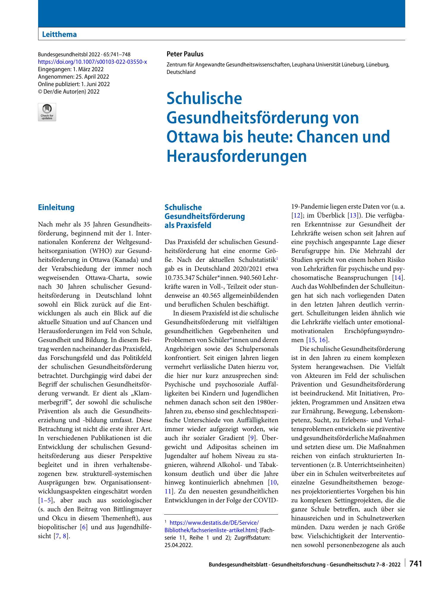 Vorschauseite 1: Schulische Gesundheitsförderung von Ottawa bis heute: Chancen und Herausforderungen