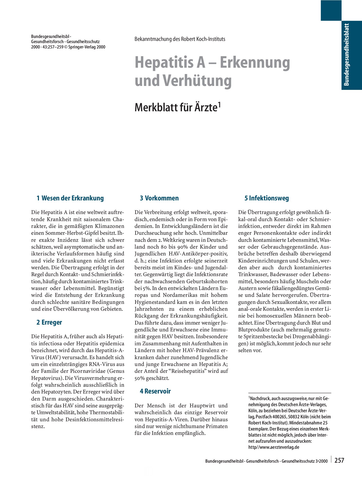 Vorschauseite 1: Hepatitis A – Erkennung und Verhütung Merkblatt für Ärzte
