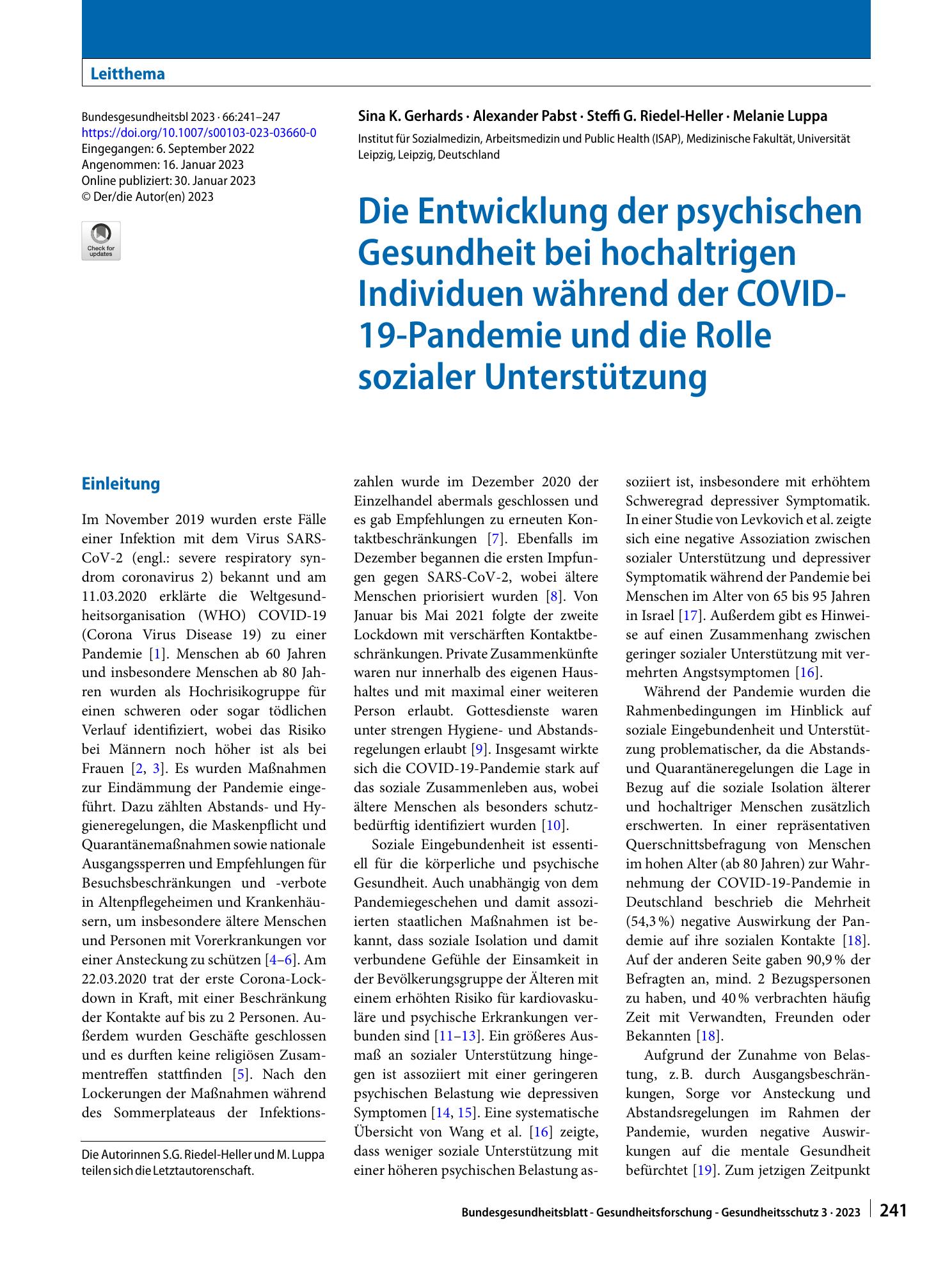 Vorschauseite 1: Die Entwicklung der psychischen Gesundheit bei hochaltrigen Individuen während der COVID-19-Pandemie und die Rolle sozialer Unterstützung