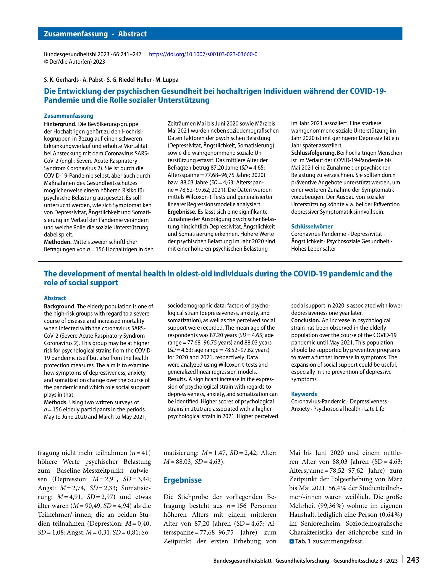 Vorschauseite 3: Die Entwicklung der psychischen Gesundheit bei hochaltrigen Individuen während der COVID-19-Pandemie und die Rolle sozialer Unterstützung