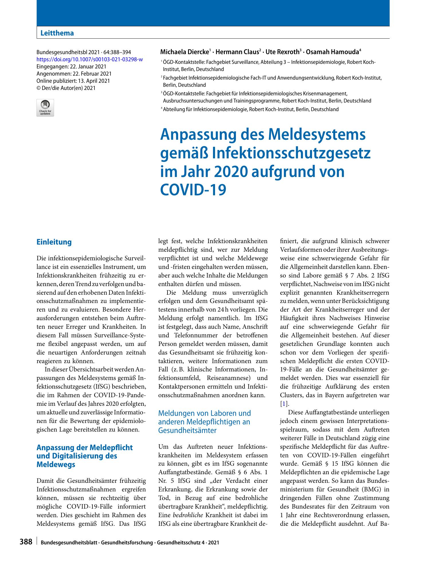 Vorschauseite 1: Anpassung des Meldesystems gemäß Infektionsschutzgesetz im Jahr 2020 aufgrund von COVID-19
