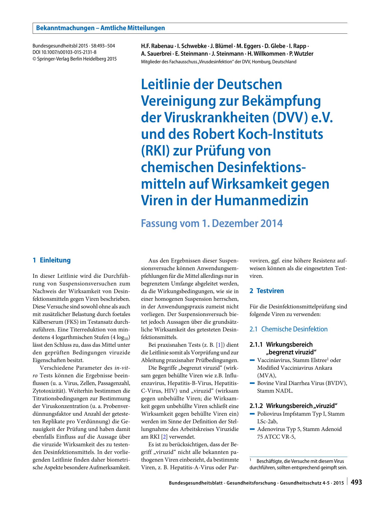 Vorschauseite 1: Leitlinie der Deutschen Vereinigung zur Bekämpfung der Viruskrankheiten (DVV) e. V. und des Robert Koch-Instituts (RKI) zur Prüfung von chemischen Desinfektionsmitteln auf Wirksam…