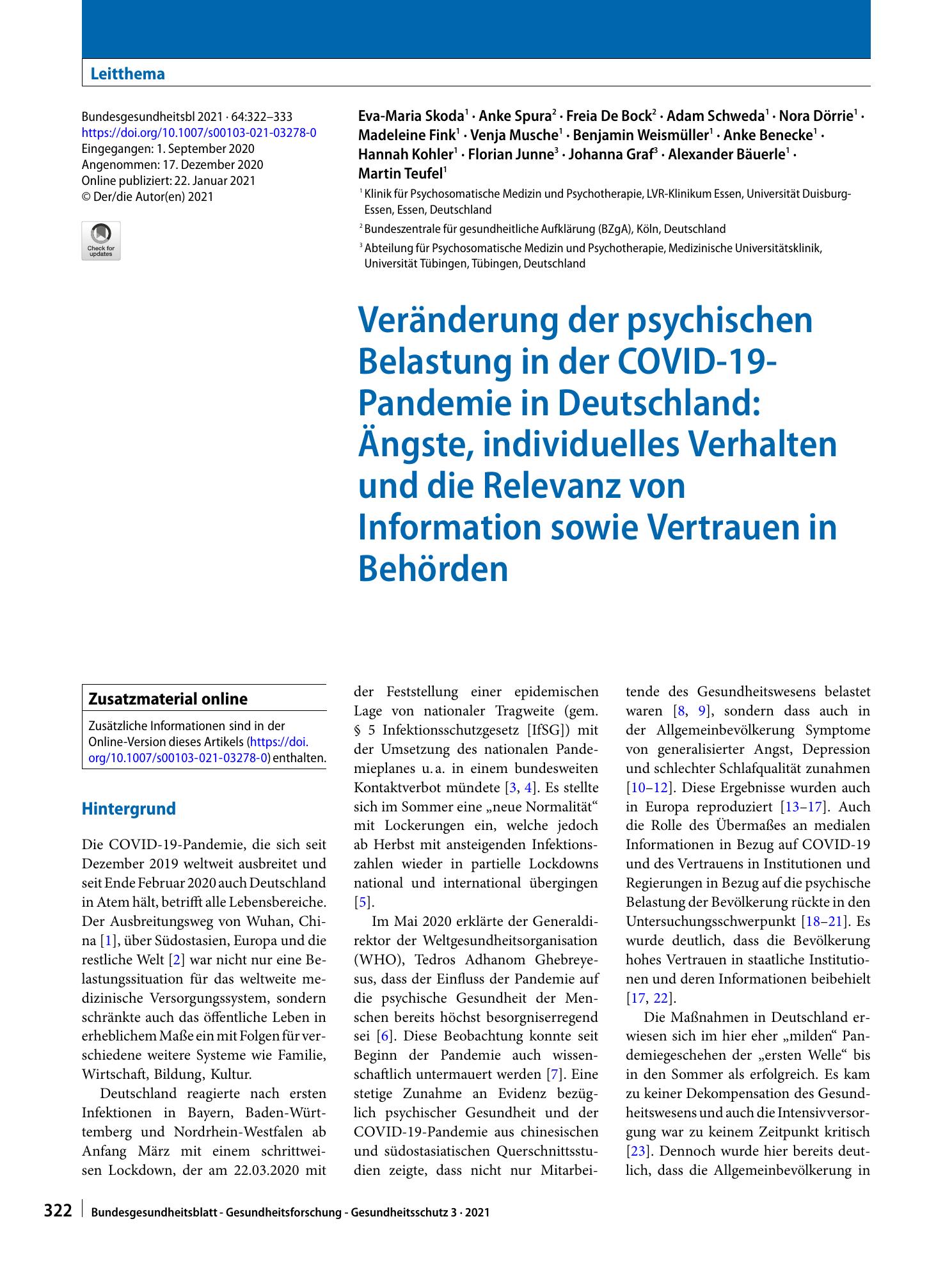 Vorschauseite 1: Veränderung der psychischen Belastung in der COVID-19-Pandemie in Deutschland: Ängste, individuelles Verhalten und die Relevanz von Information sowie Vertrauen in Behörden