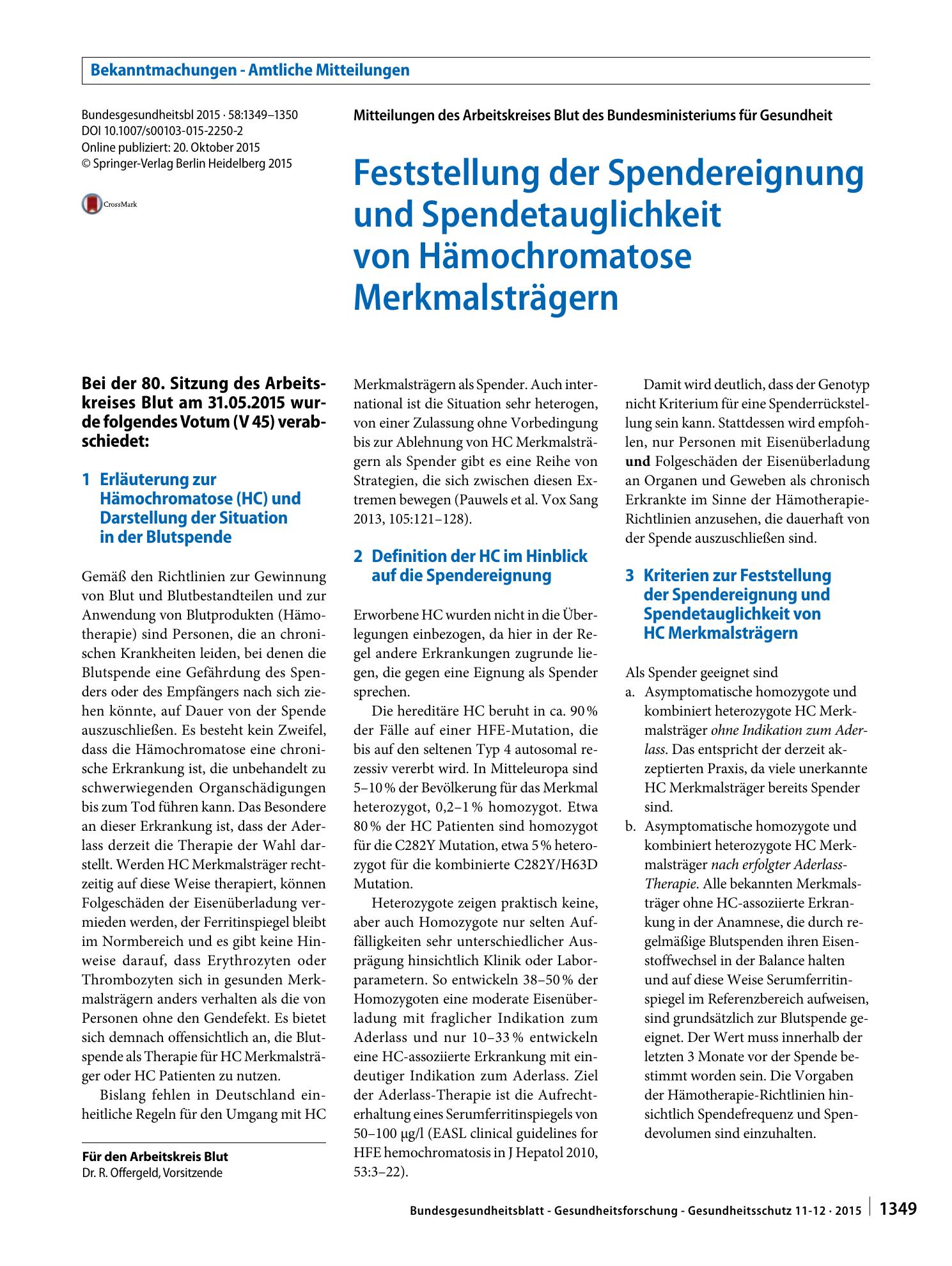 Vorschauseite 1: Feststellung der Spendereignung und Spendetauglichkeit von Hämochromatose Merkmalsträgern