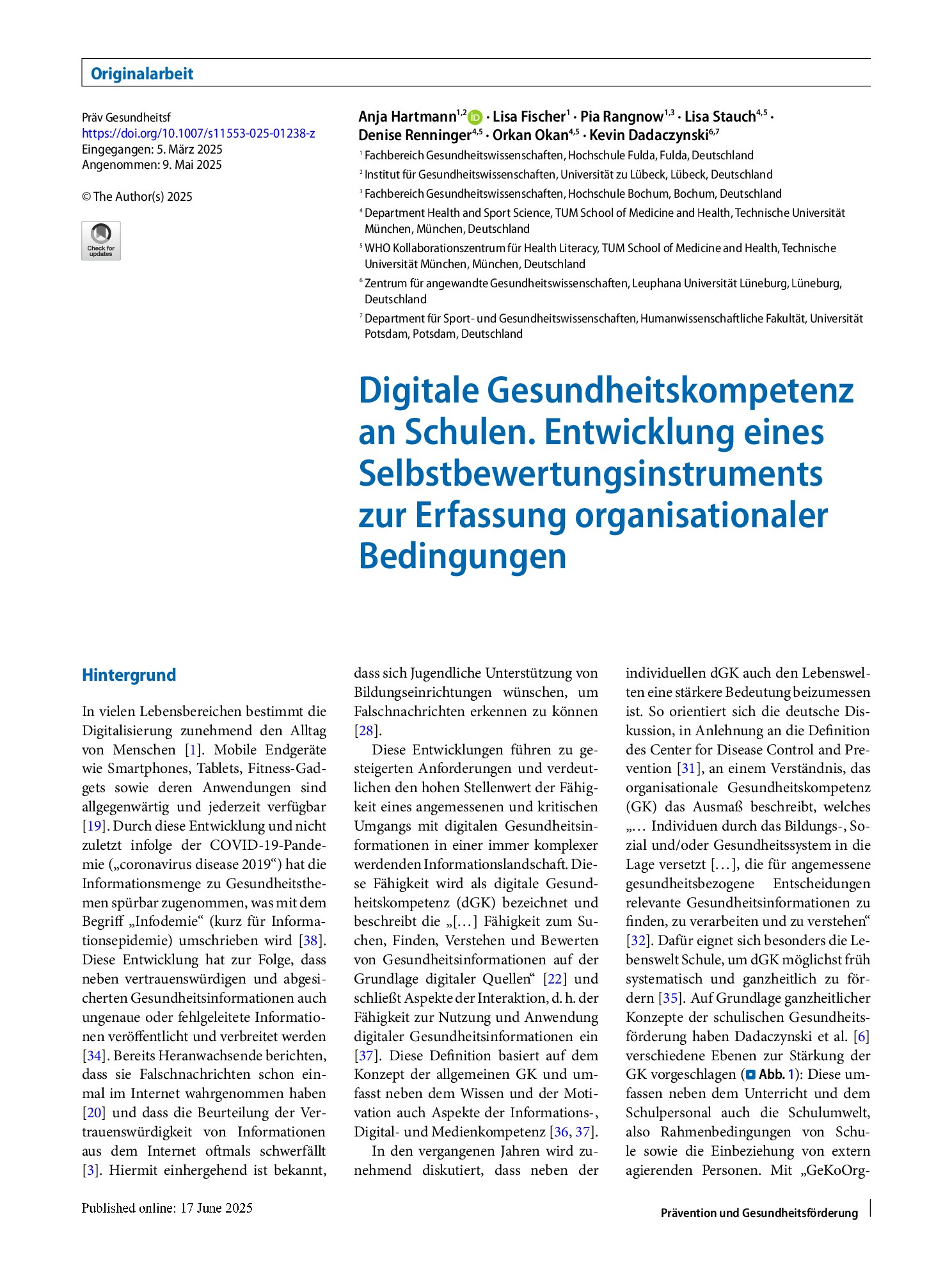 Vorschauseite 1: Digitale Gesundheitskompetenz an Schulen. Entwicklung eines Selbstbewertungsinstruments zur Erfassung organisationaler Bedingungen