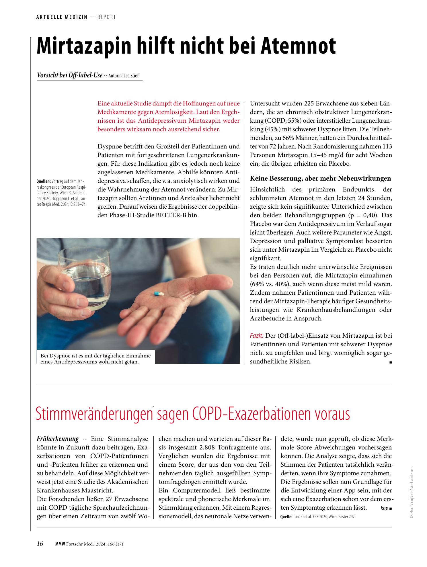 Vorschauseite 1: Mirtazapin hilft nicht bei Atemnot