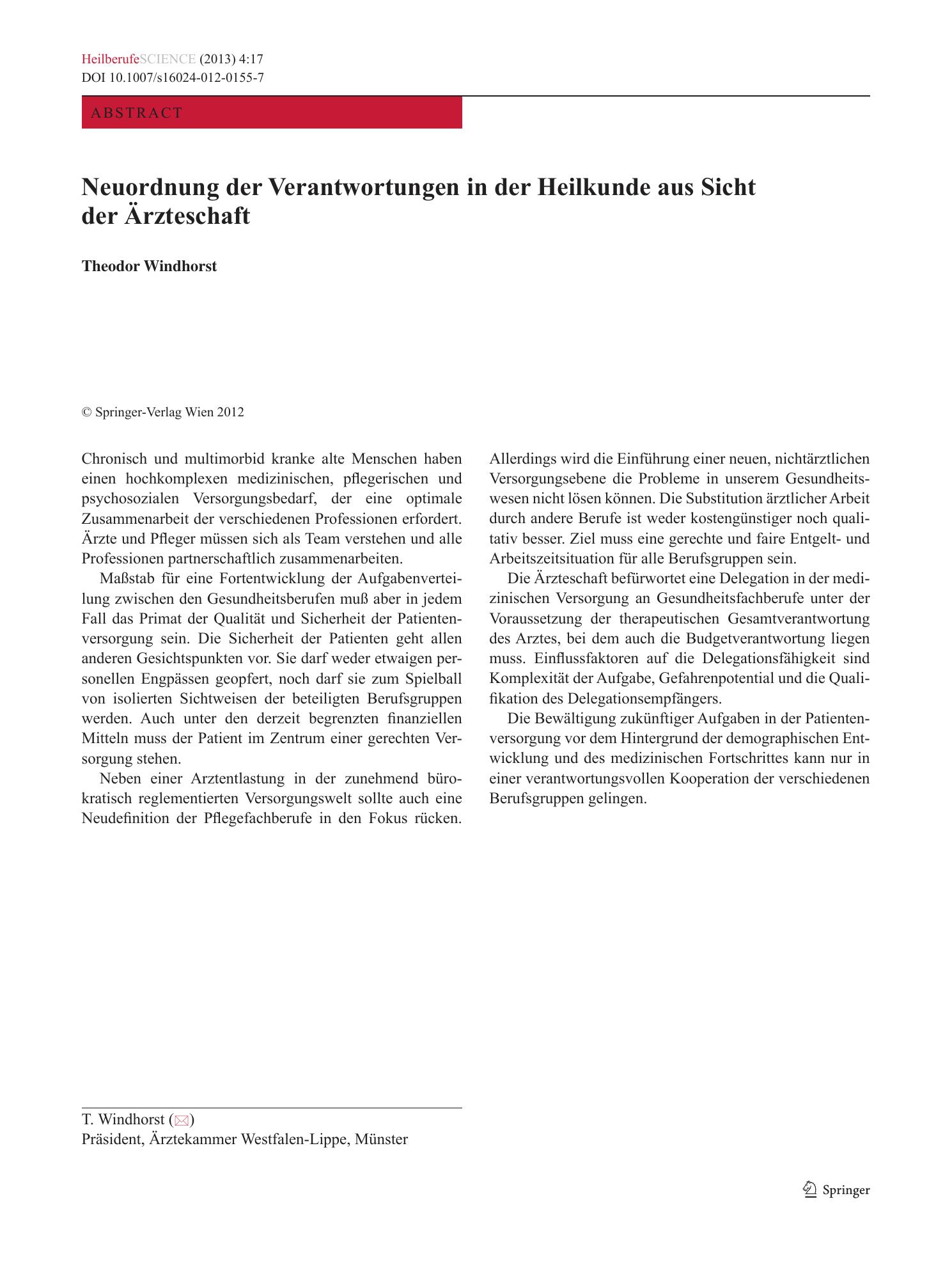 Vorschauseite 1: Neuordnung der Verantwortungen in der Heilkunde aus Sicht der Ärzteschaft