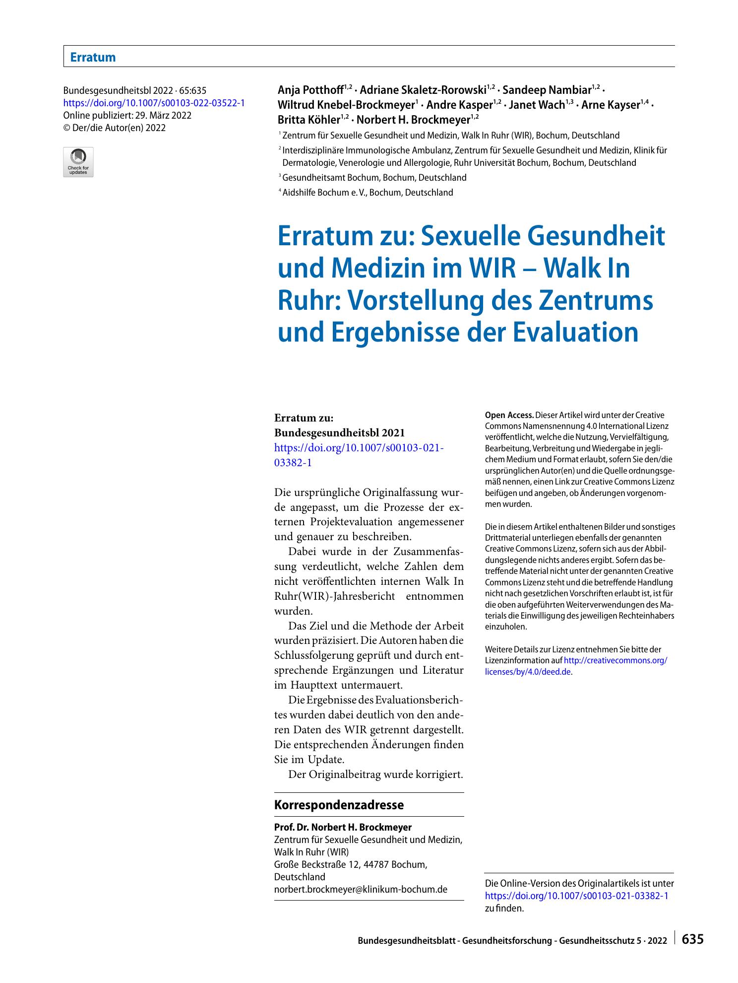 Vorschauseite 1: Erratum zu: Sexuelle Gesundheit und Medizin im WIR – Walk In Ruhr: Vorstellung des Zentrums und Ergebnisse der Evaluation