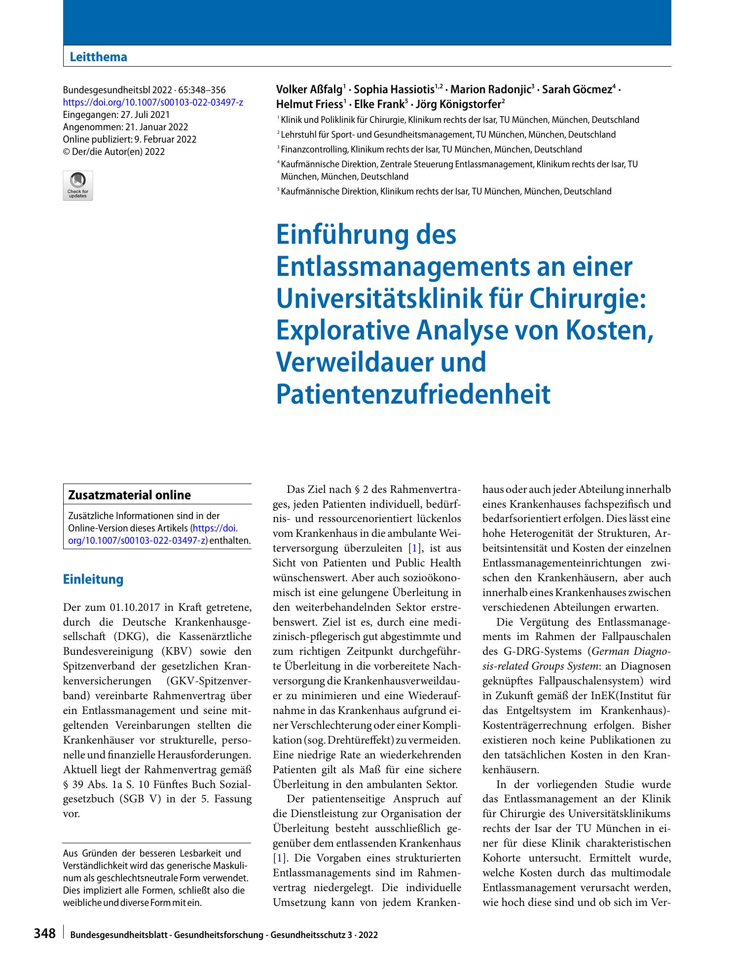 Vorschauseite 1: Einführung des Entlassmanagements an einer Universitätsklinik für Chirurgie: Explorative Analyse von Kosten, Verweildauer und Patientenzufriedenheit
