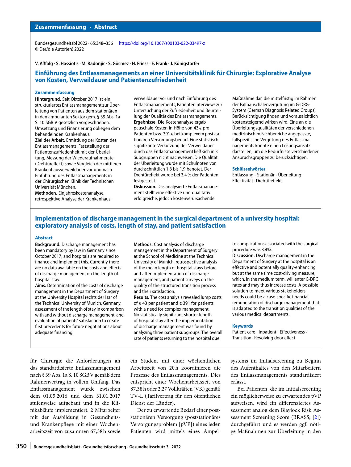 Vorschauseite 3: Einführung des Entlassmanagements an einer Universitätsklinik für Chirurgie: Explorative Analyse von Kosten, Verweildauer und Patientenzufriedenheit