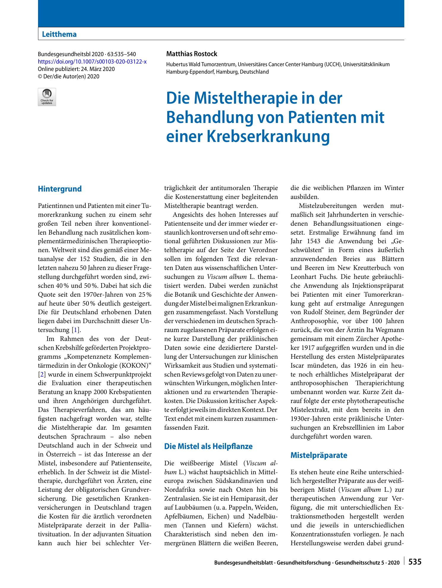 Vorschauseite 1: Die Misteltherapie in der Behandlung von Patienten mit einer Krebserkrankung