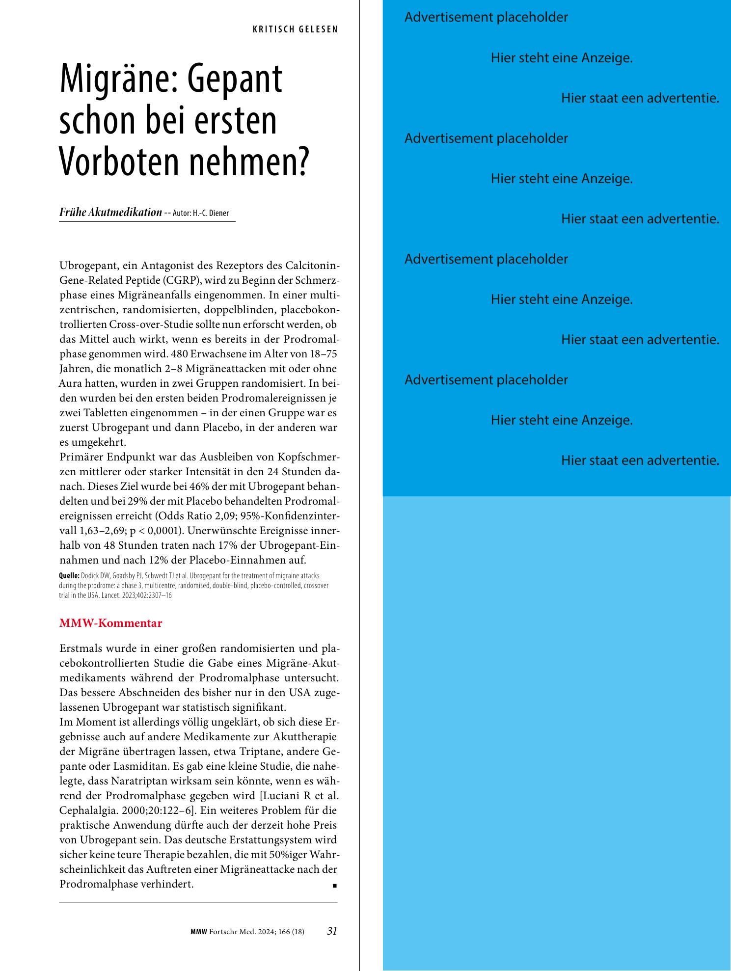 Vorschauseite 1: Migräne: Gepant schon bei ersten Vorboten nehmen?