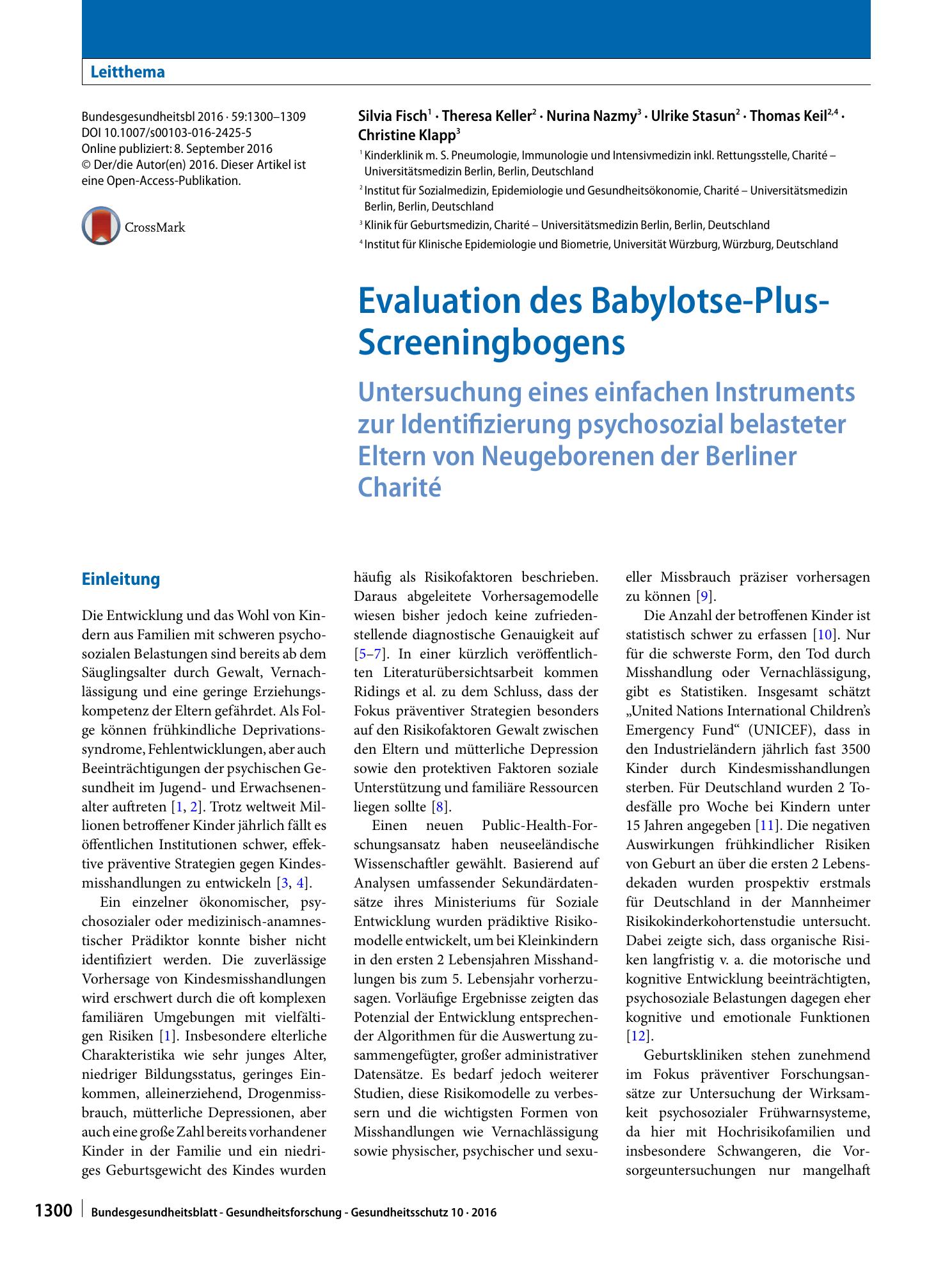 Vorschauseite 1: Evaluation des Babylotse-Plus-Screeningbogens