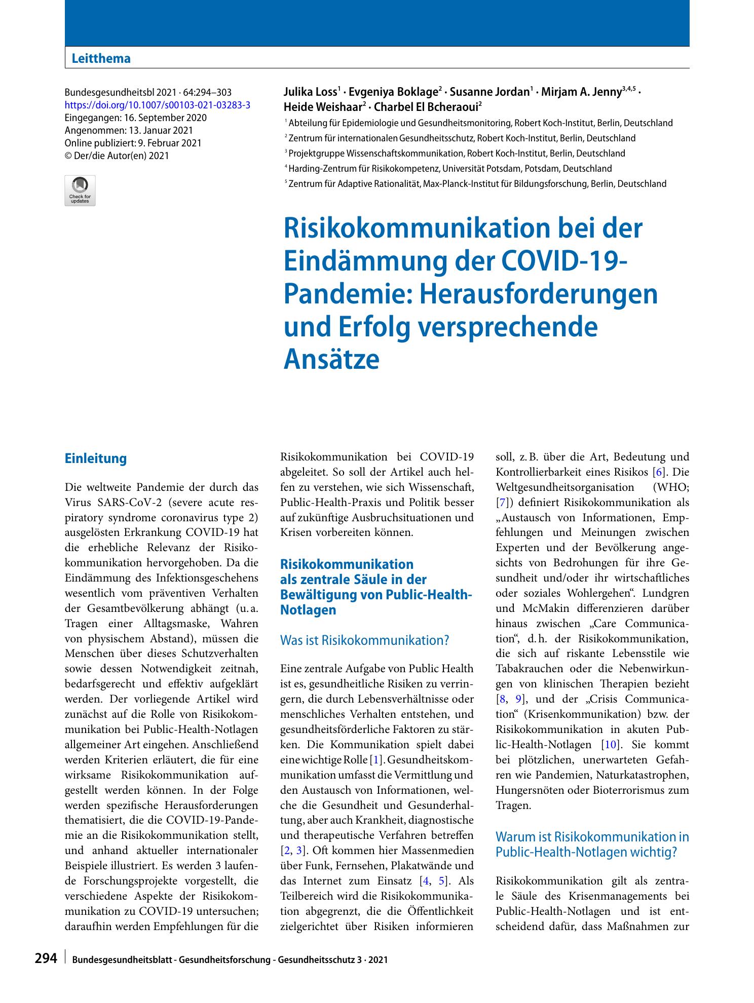 Vorschauseite 1: Risikokommunikation bei der Eindämmung der COVID-19-Pandemie: Herausforderungen und Erfolg versprechende Ansätze