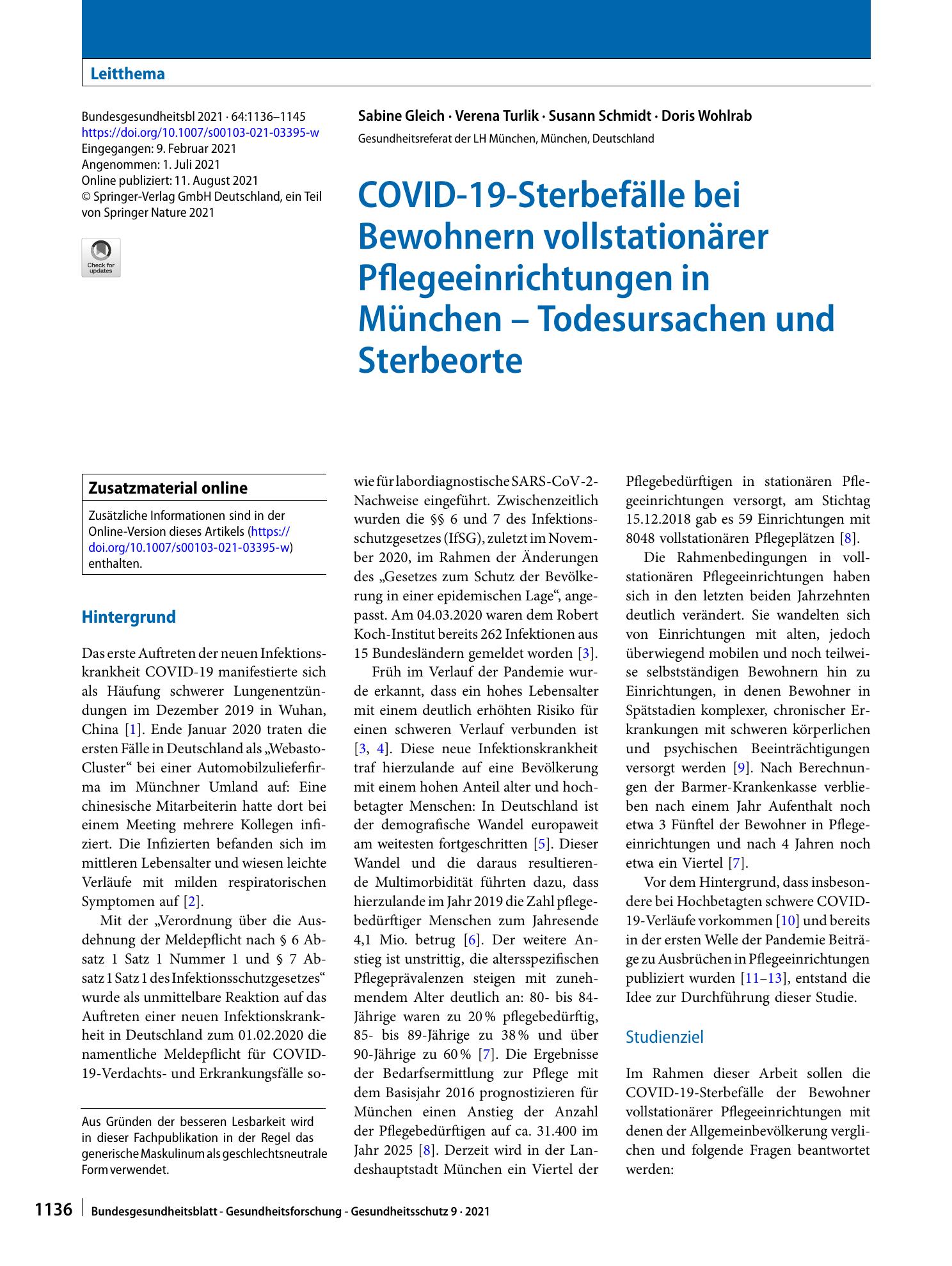 Vorschauseite 1: COVID-19-Sterbefälle bei Bewohnern vollstationärer Pflegeeinrichtungen in München – Todesursachen und Sterbeorte