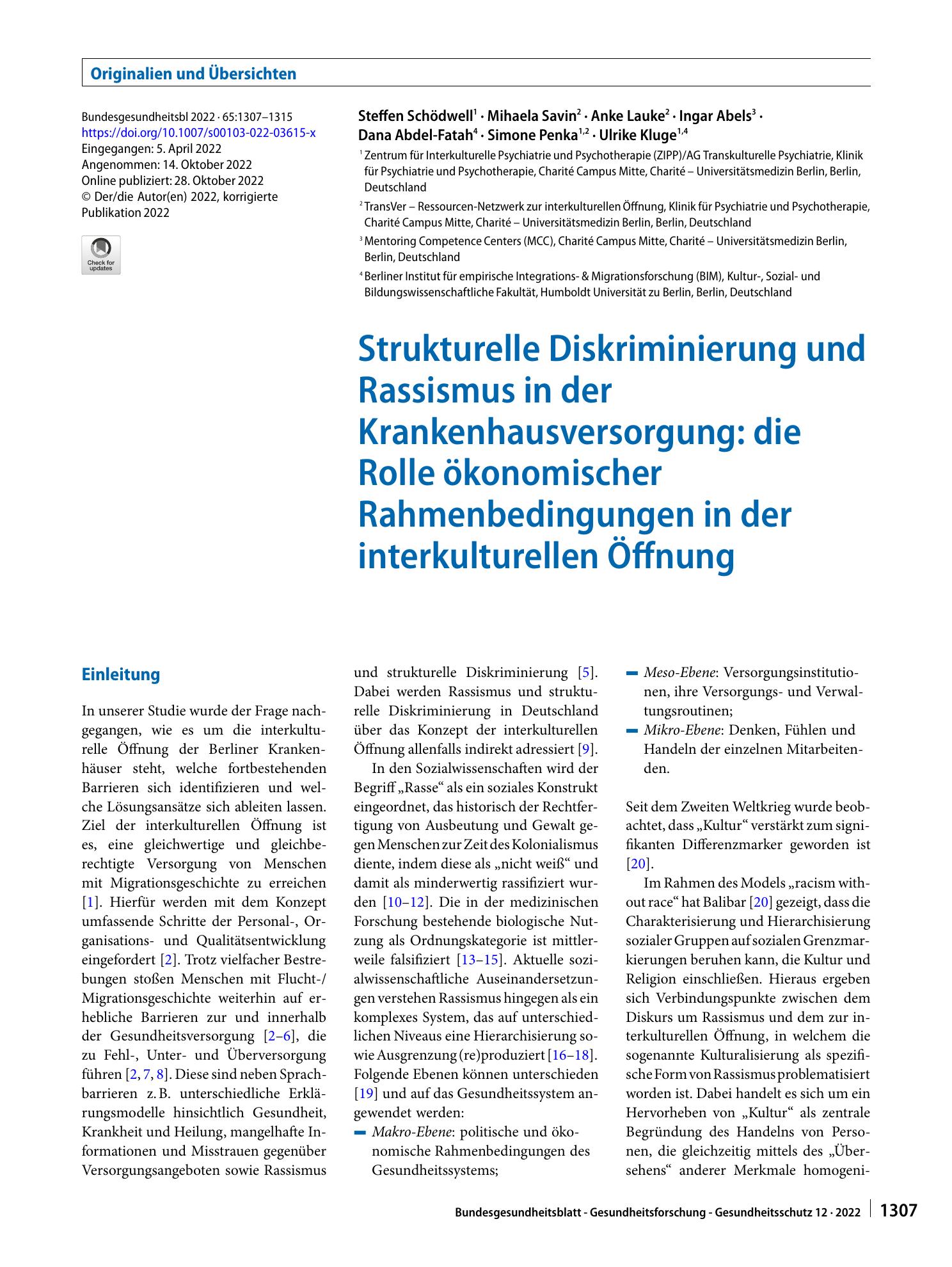 Vorschauseite 1: Strukturelle Diskriminierung und Rassismus in der Krankenhausversorgung: die Rolle ökonomischer Rahmenbedingungen in der interkulturellen Öffnung