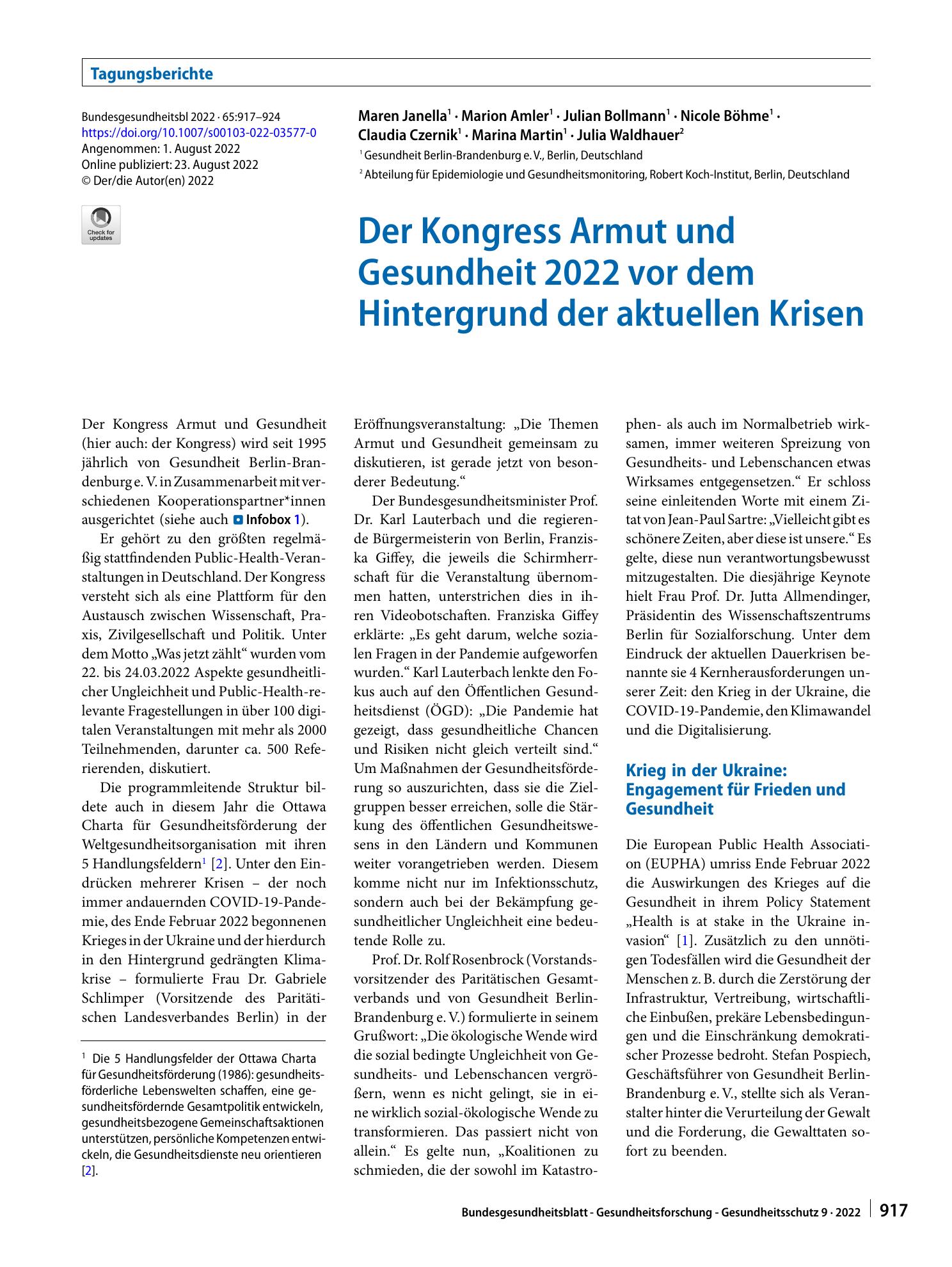 Vorschauseite 1: Der Kongress Armut und Gesundheit 2022 vor dem Hintergrund der aktuellen Krisen