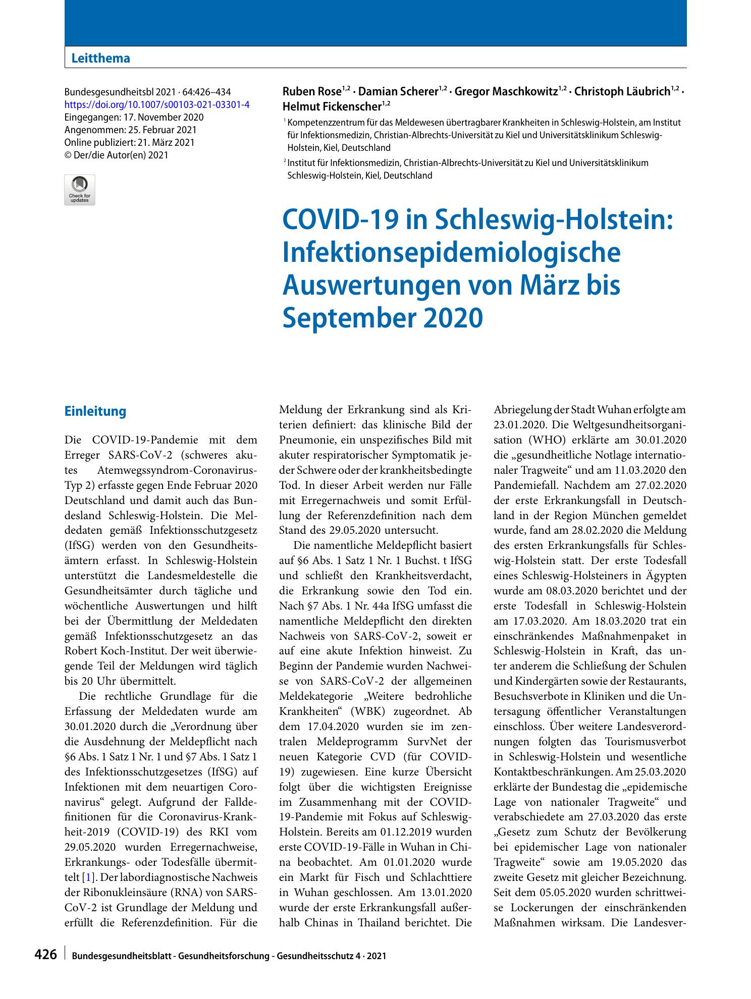 Vorschauseite 1: COVID-19 in Schleswig-Holstein: Infektionsepidemiologische Auswertungen von März bis September 2020