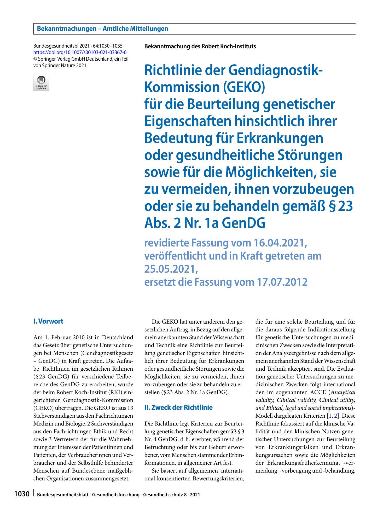 Vorschauseite 1: Richtlinie der Gendiagnostik-Kommission (GEKO) für die Beurteilung genetischer Eigenschaften hinsichtlich ihrer Bedeutung für Erkrankungen oder gesundheitliche Störungen sowie für…