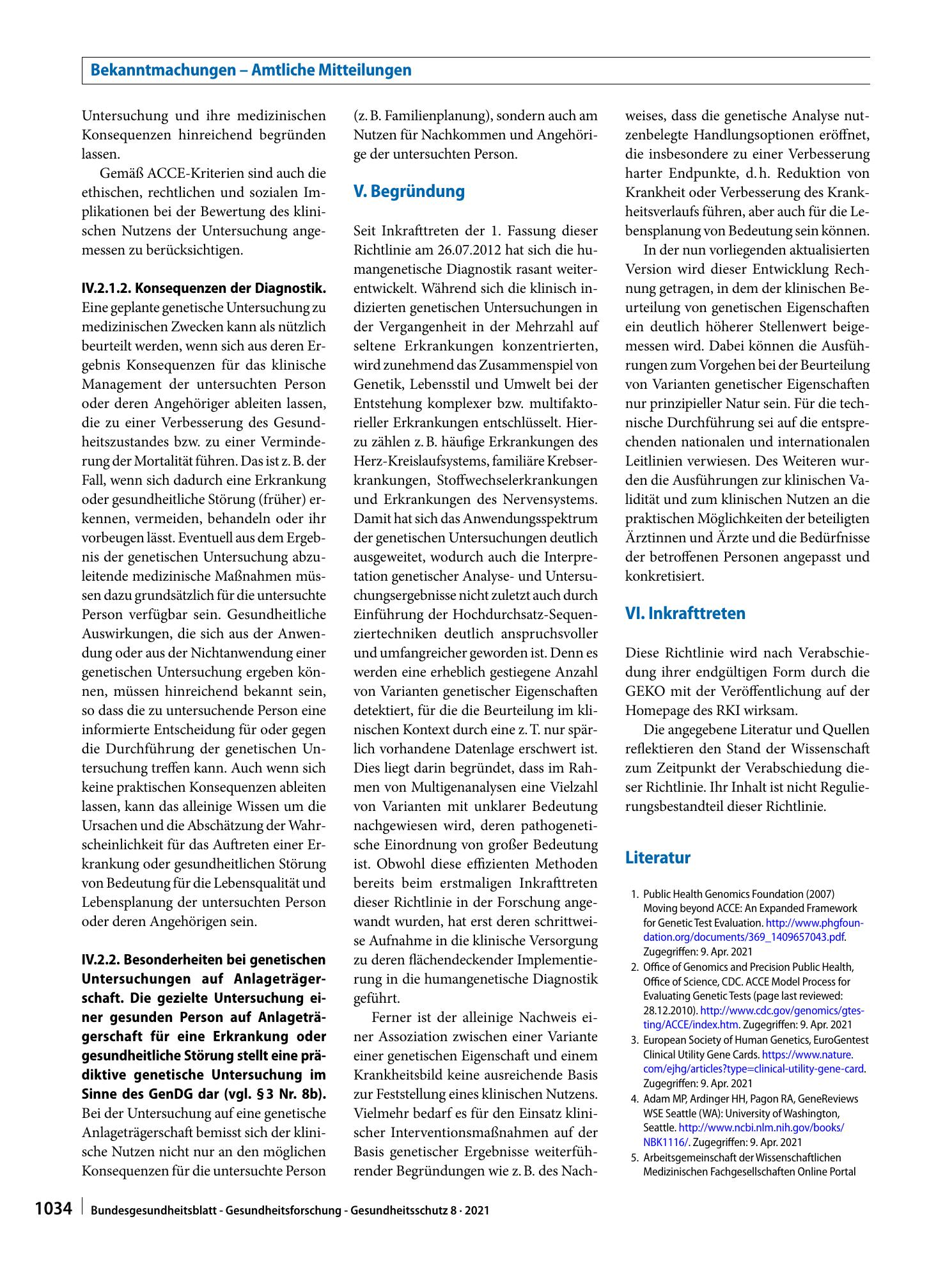 Vorschauseite 5: Richtlinie der Gendiagnostik-Kommission (GEKO) für die Beurteilung genetischer Eigenschaften hinsichtlich ihrer Bedeutung für Erkrankungen oder gesundheitliche Störungen sowie für…