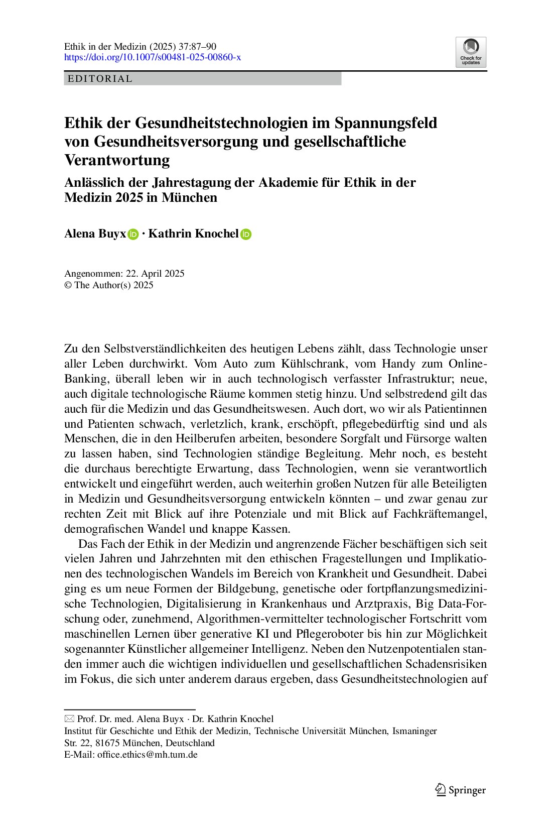Vorschauseite 1: Ethik der Gesundheitstechnologien im Spannungsfeld von Gesundheitsversorgung und gesellschaftliche Verantwortung