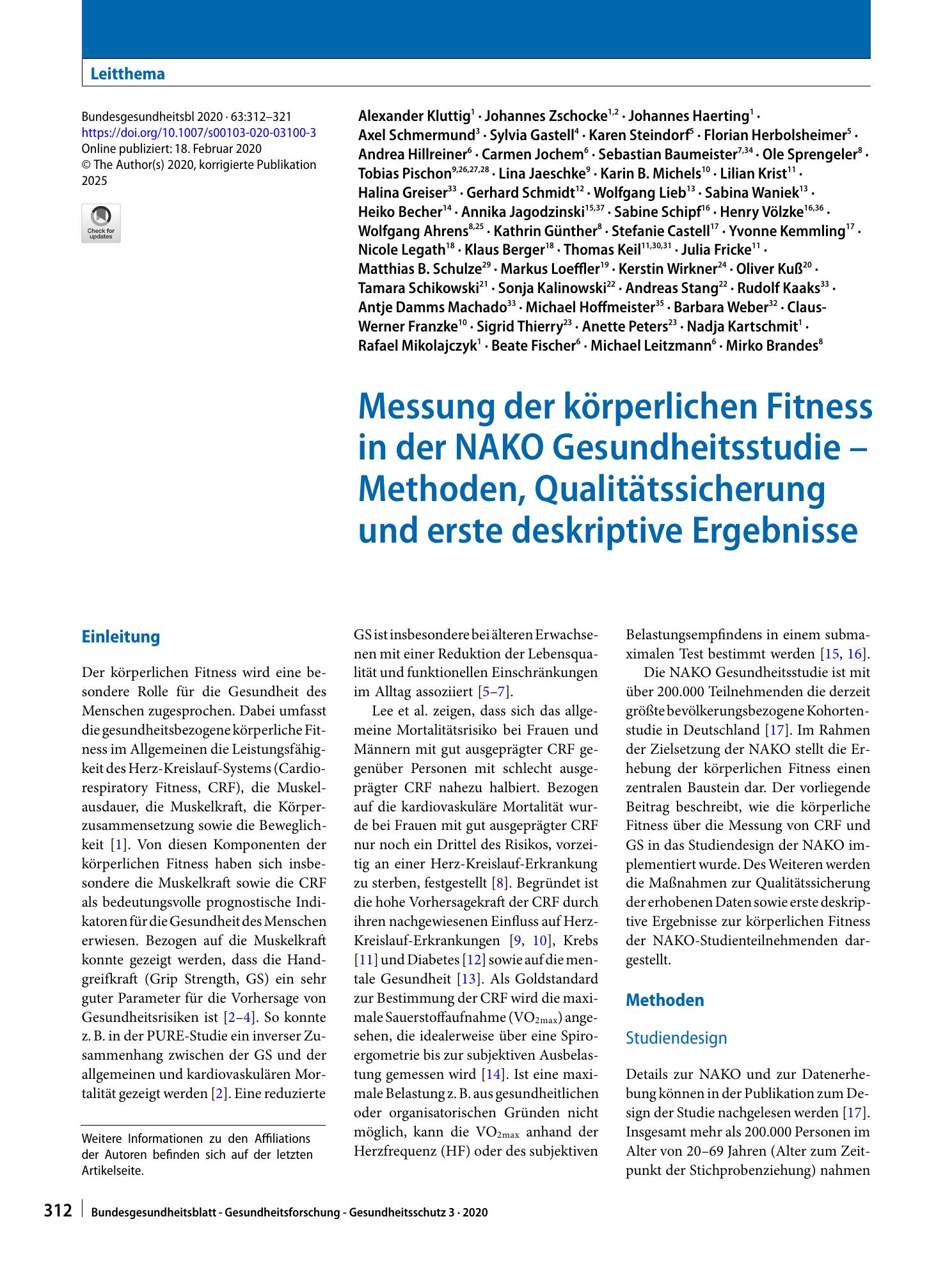 Vorschauseite 1: Messung der körperlichen Fitness in der NAKO Gesundheitsstudie – Methoden, Qualitätssicherung und erste deskriptive Ergebnisse