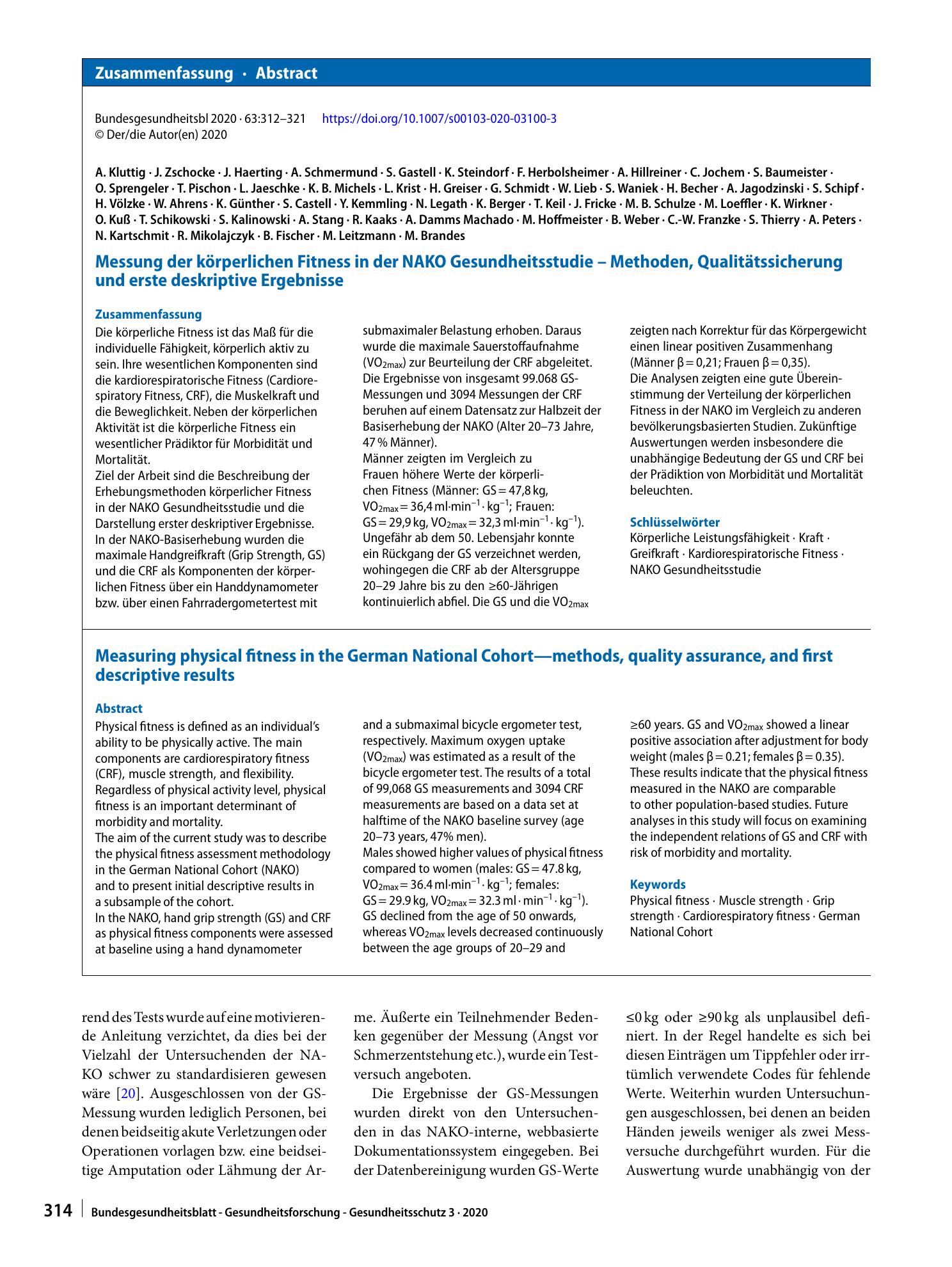 Vorschauseite 3: Messung der körperlichen Fitness in der NAKO Gesundheitsstudie – Methoden, Qualitätssicherung und erste deskriptive Ergebnisse