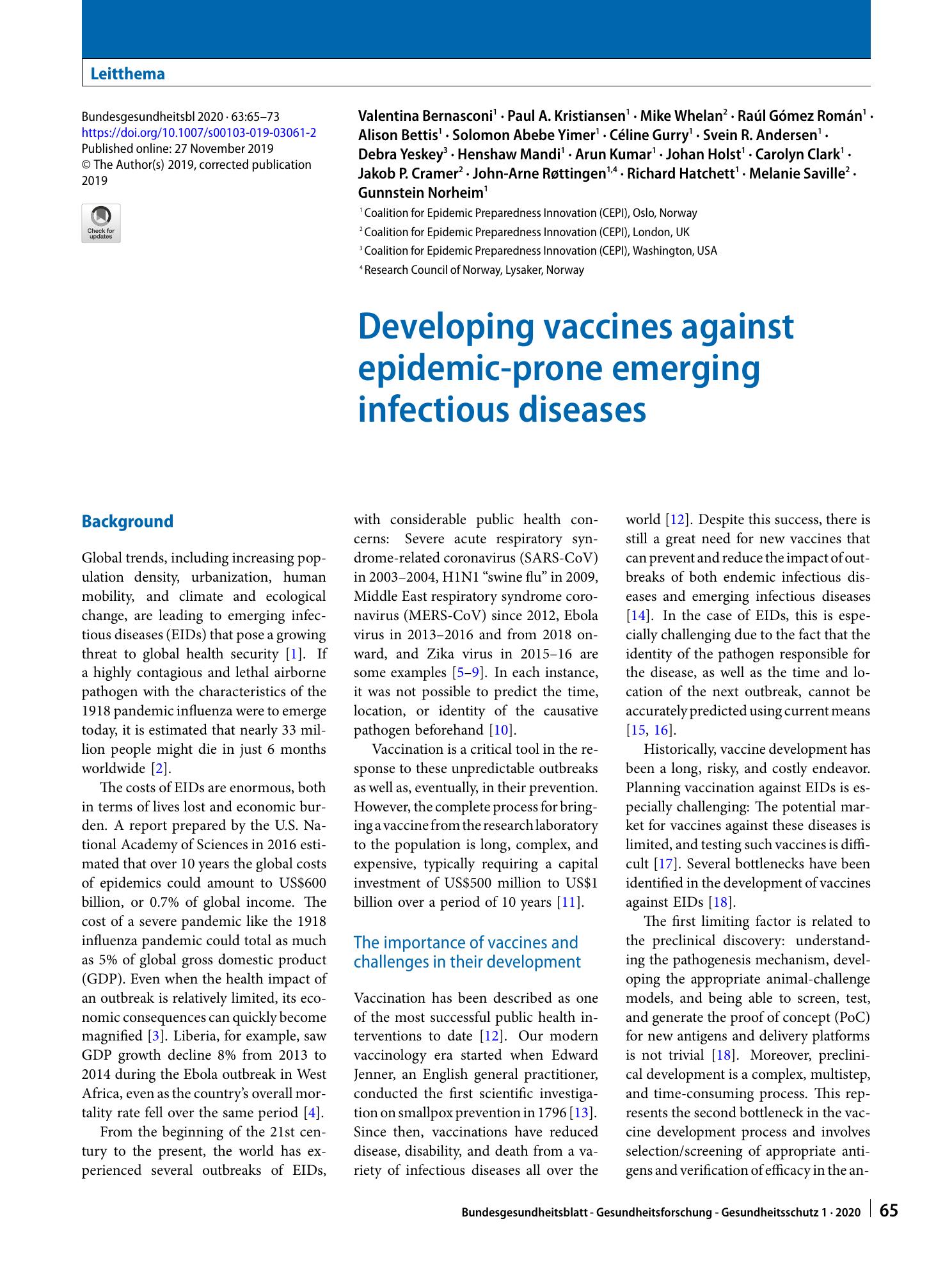 Vorschauseite 1: Developing vaccines against epidemic-prone emerging infectious diseases