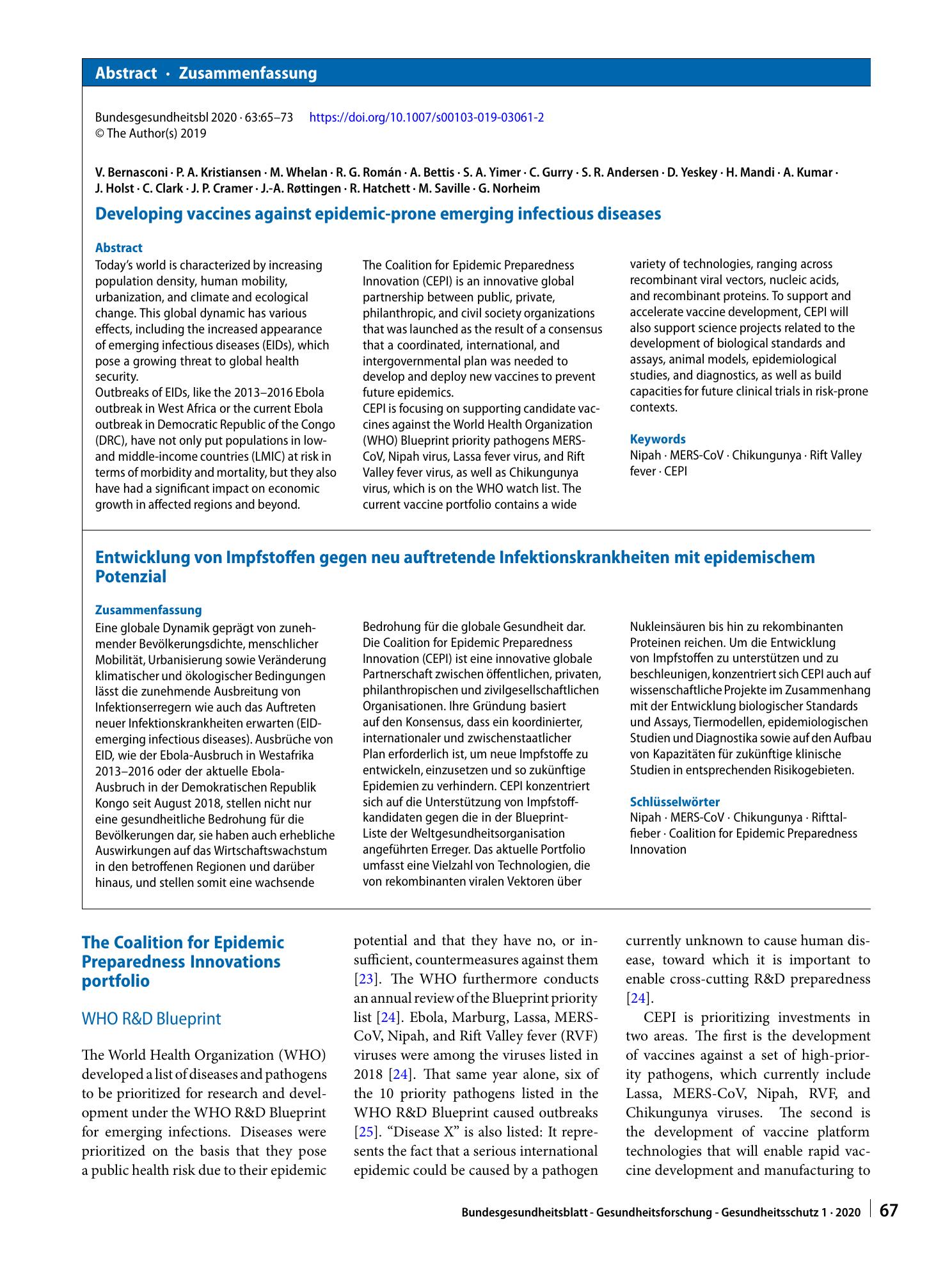 Vorschauseite 3: Developing vaccines against epidemic-prone emerging infectious diseases