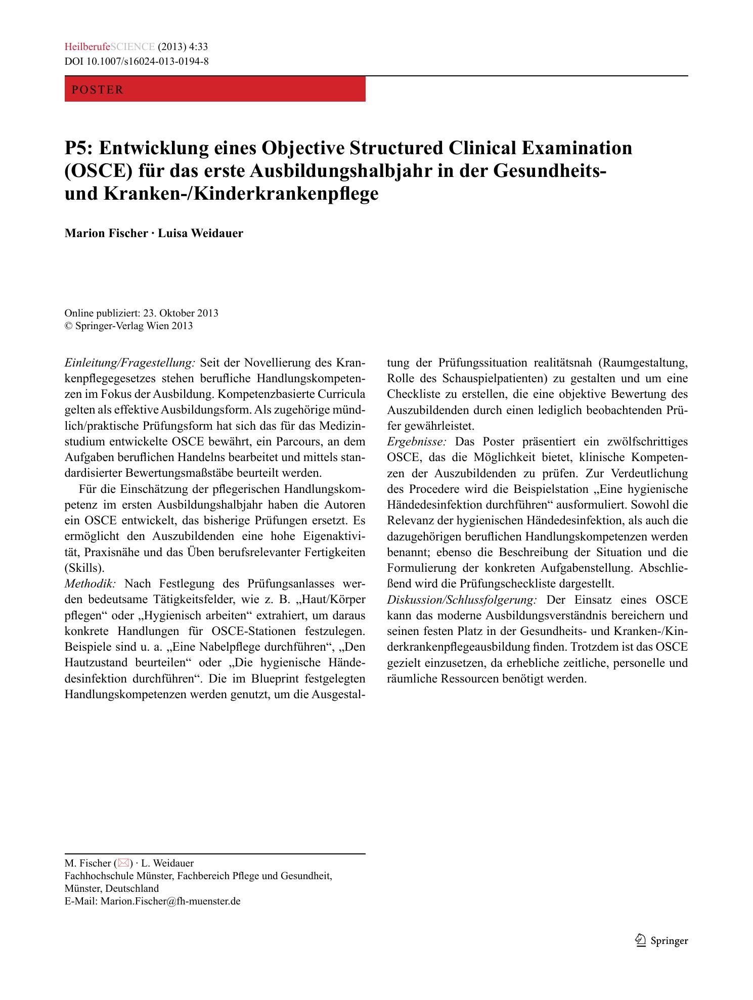 Vorschauseite 1: P5: Entwicklung eines Objective Structured Clinical Examination (OSCE) für das erste Ausbildungshalbjahr in der Gesundheits- und Kranken-/Kinderkrankenpflege