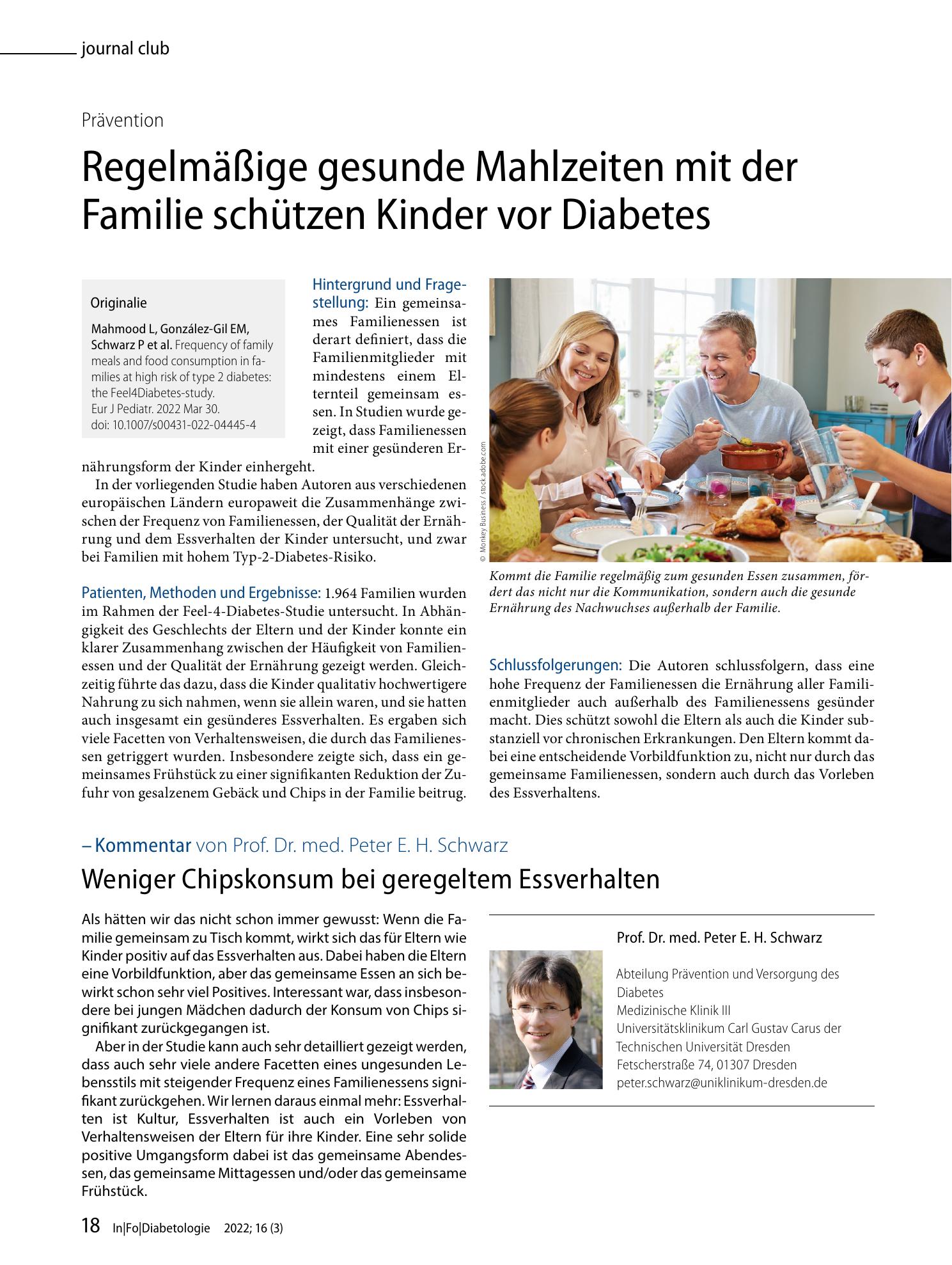 Vorschauseite 1: Regelmäßige gesunde Mahlzeiten mit der Familie schützen Kinder vor Diabetes