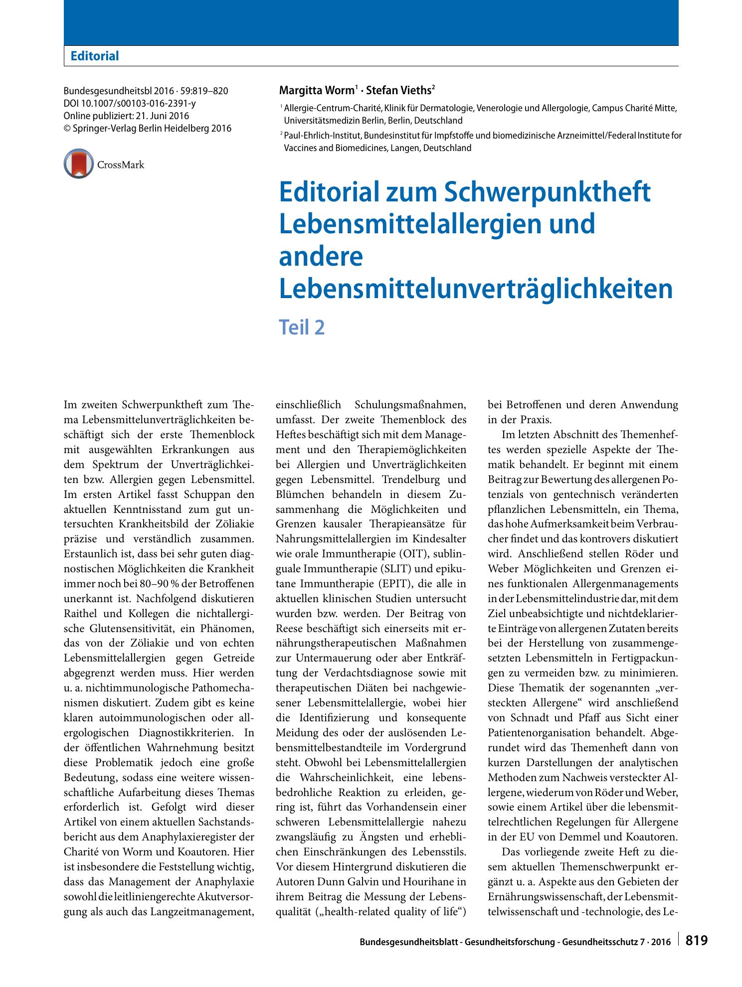 Vorschauseite 1: Editorial zum Schwerpunktheft Lebensmittelallergien und andere Lebensmittelunverträglichkeiten