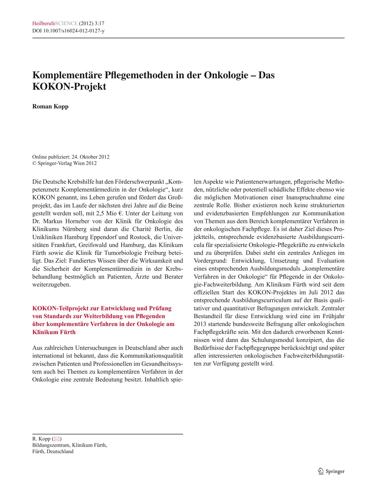 Vorschauseite 1: Komplementäre Pflegemethoden in der Onkologie – Das KOKON-Projekt