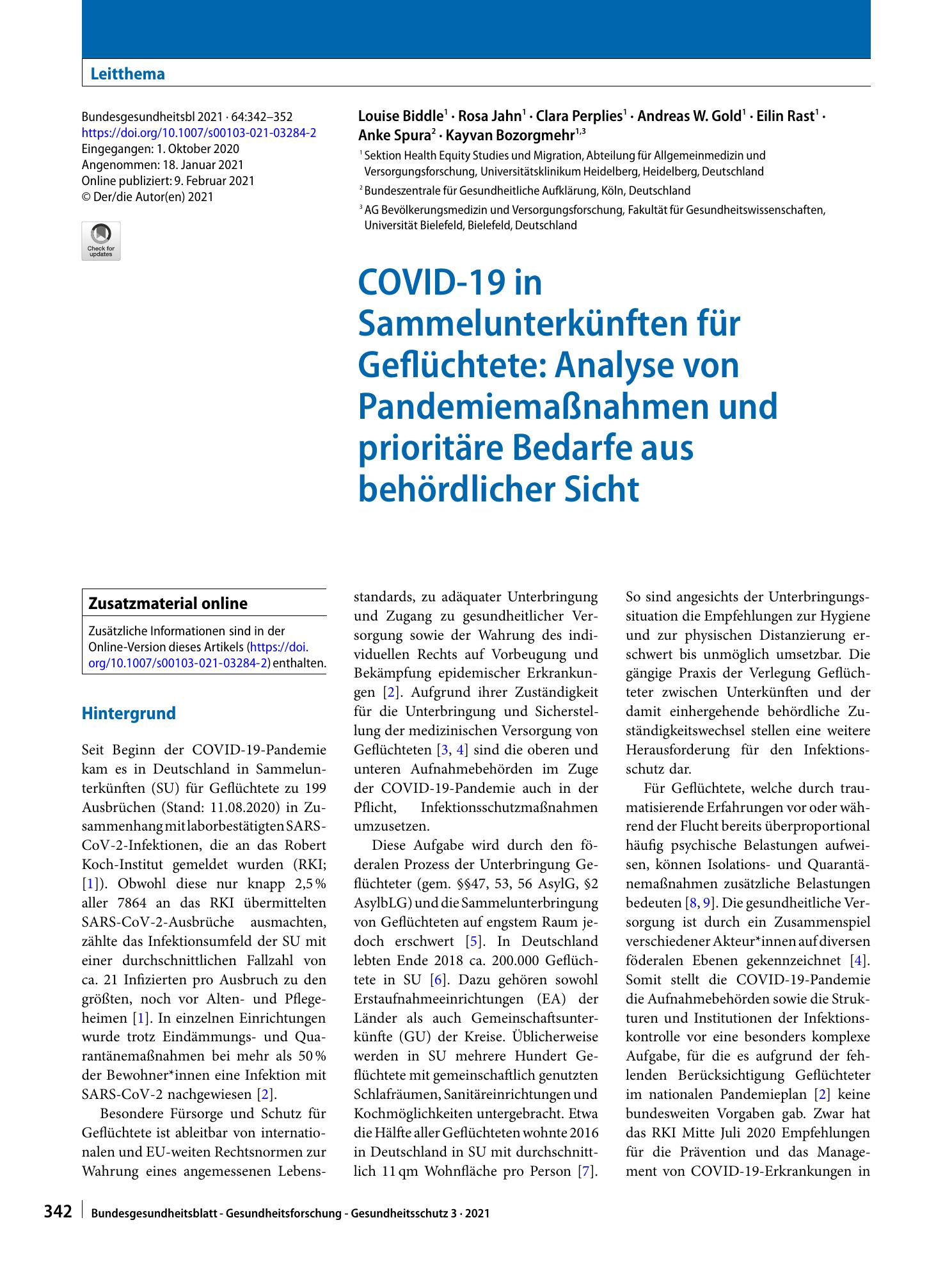 Vorschauseite 1: COVID-19 in Sammelunterkünften für Geflüchtete: Analyse von Pandemiemaßnahmen und prioritäre Bedarfe aus behördlicher Sicht