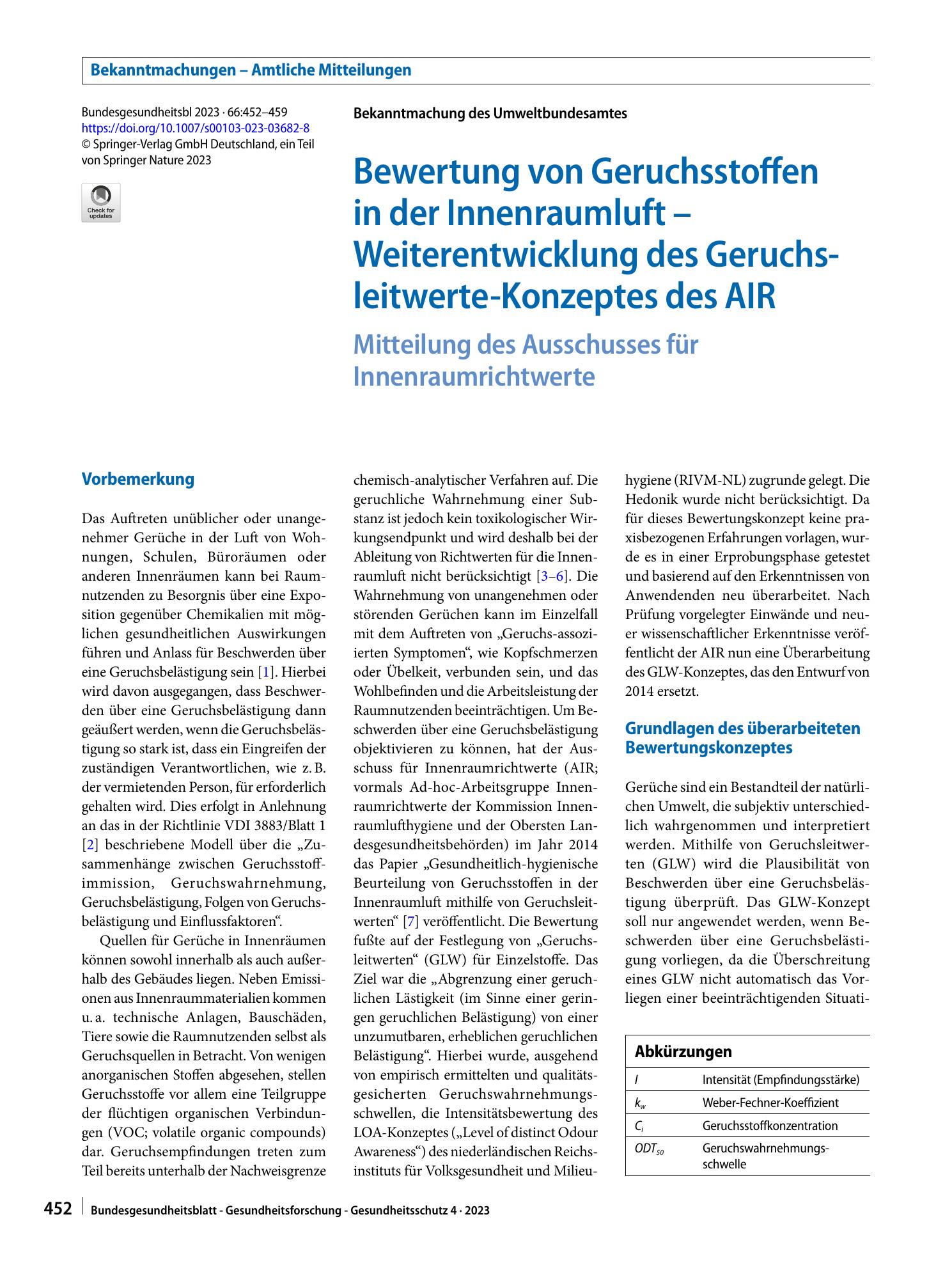 Vorschauseite 1: Bewertung von Geruchsstoffen in der Innenraumluft – Weiterentwicklung des Geruchsleitwerte-Konzeptes des AIR