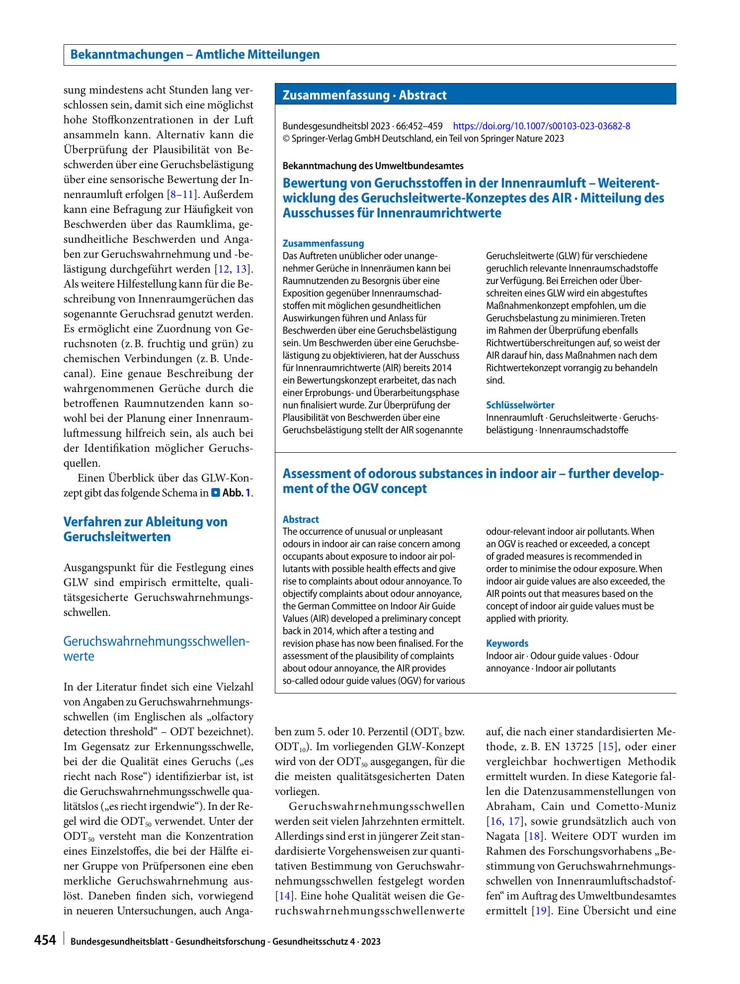 Vorschauseite 3: Bewertung von Geruchsstoffen in der Innenraumluft – Weiterentwicklung des Geruchsleitwerte-Konzeptes des AIR