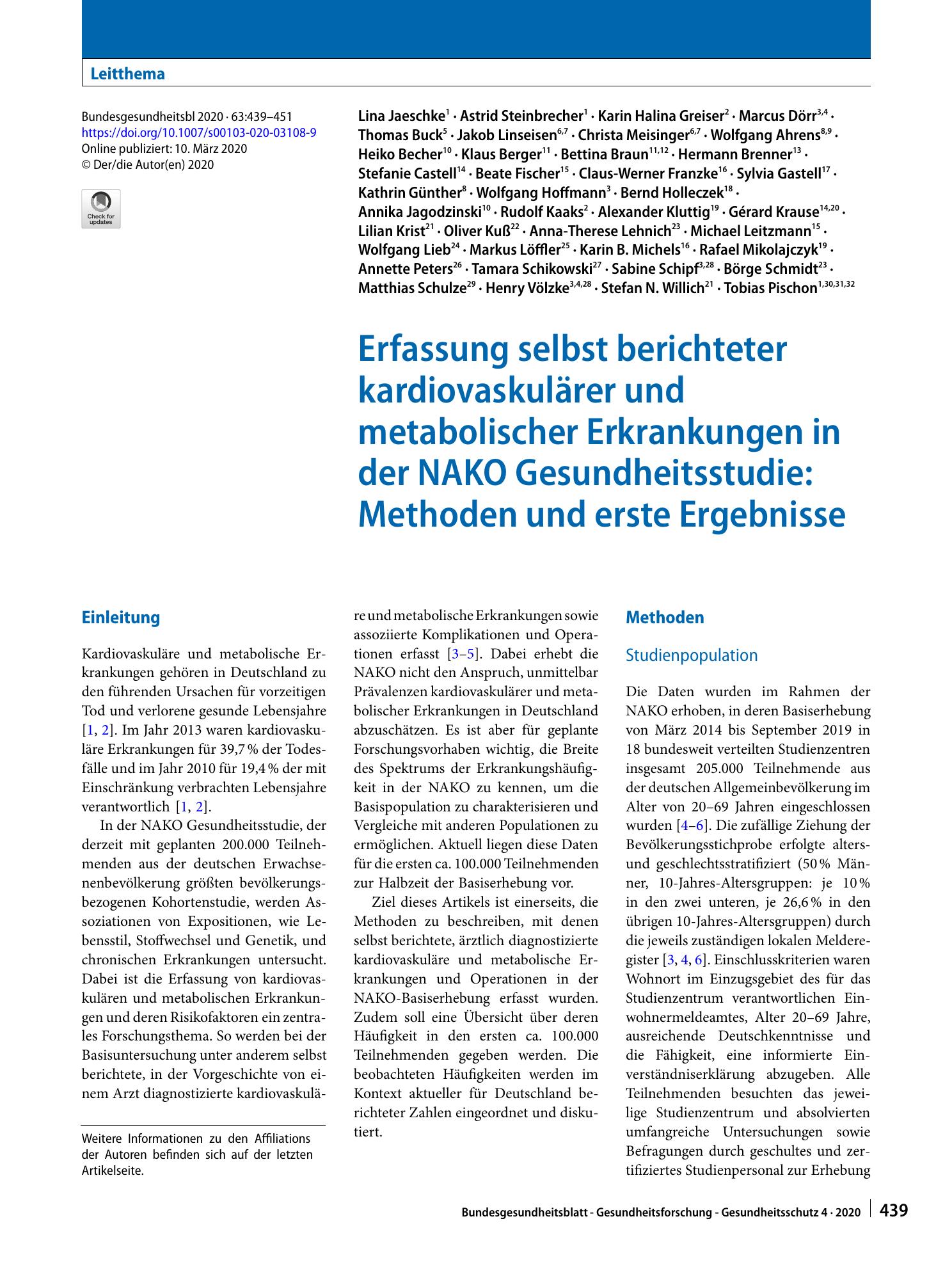 Vorschauseite 1: Erfassung selbst berichteter kardiovaskulärer und metabolischer Erkrankungen in der NAKO Gesundheitsstudie: Methoden und erste Ergebnisse