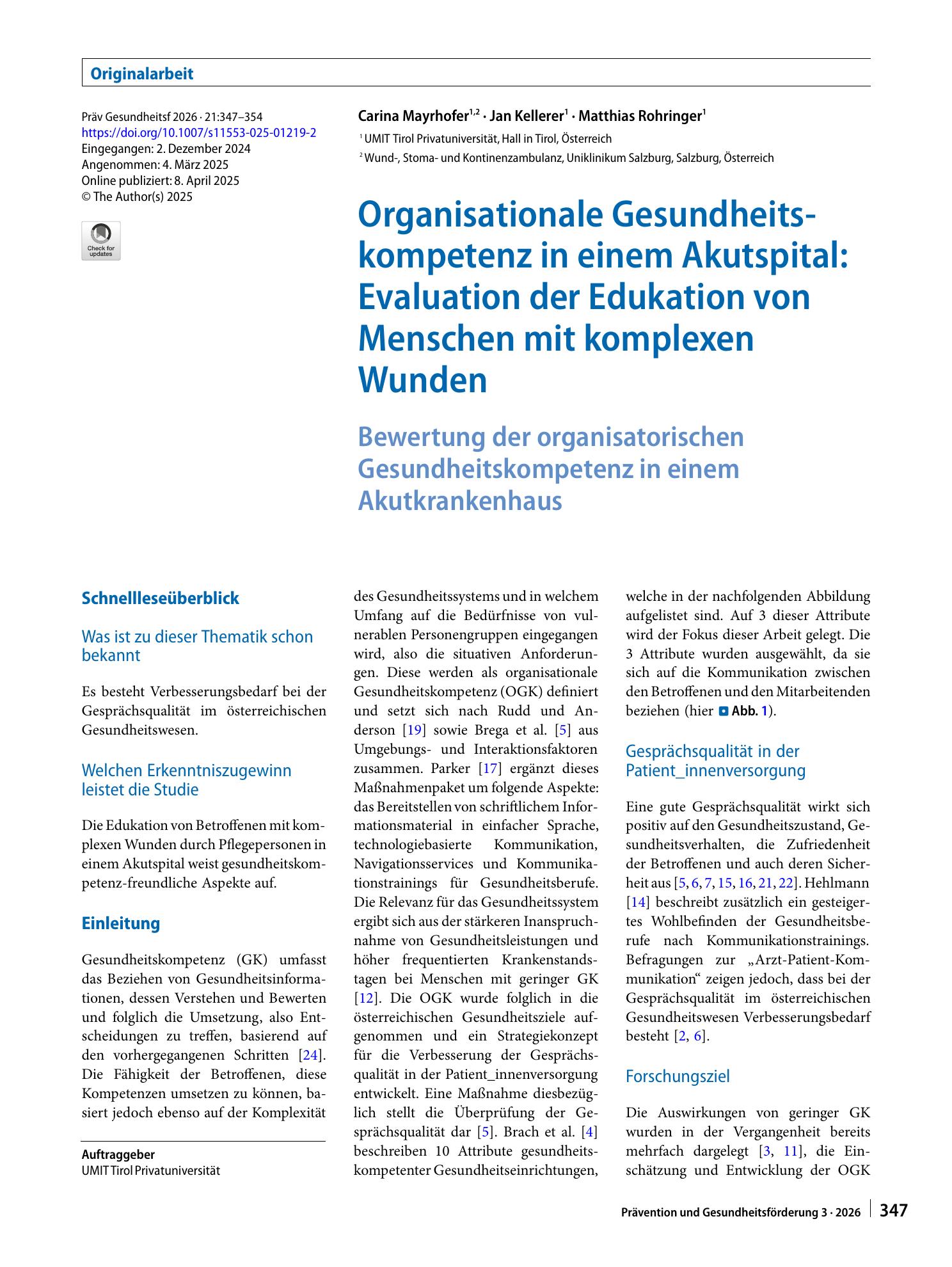 Vorschauseite 1: Organisationale Gesundheitskompetenz in einem Akutspital: Evaluation der Edukation von Menschen mit komplexen Wunden