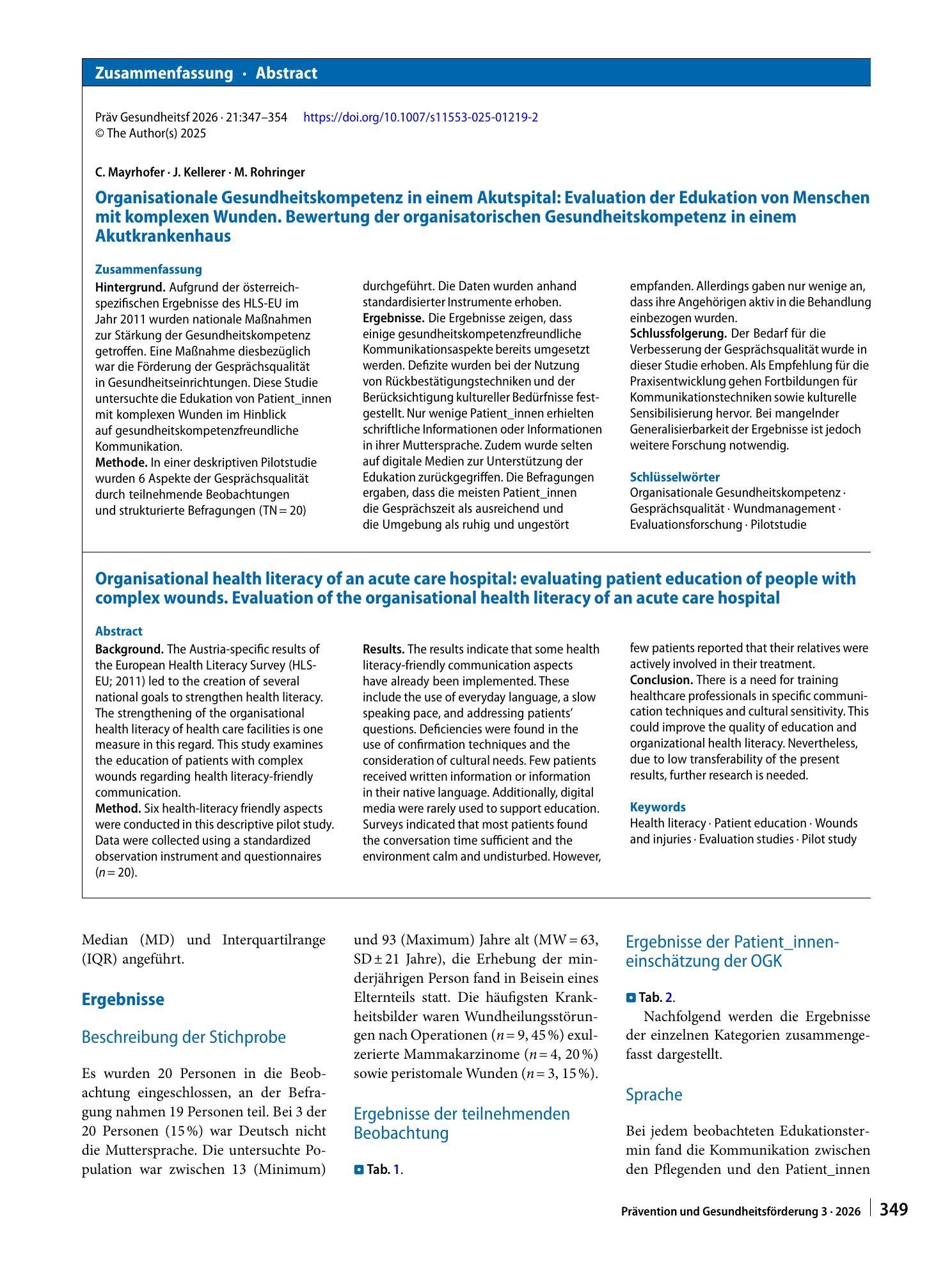 Vorschauseite 3: Organisationale Gesundheitskompetenz in einem Akutspital: Evaluation der Edukation von Menschen mit komplexen Wunden