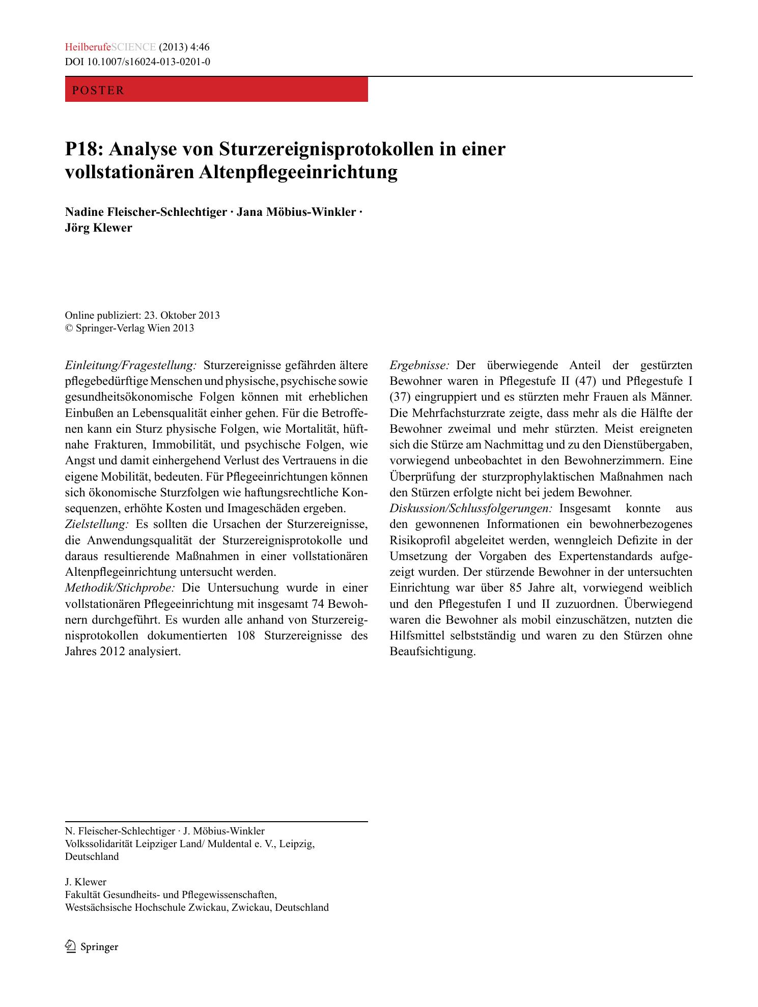 Vorschauseite 1: P18: Analyse von Sturzereignisprotokollen in einer vollstationären Altenpflegeeinrichtung