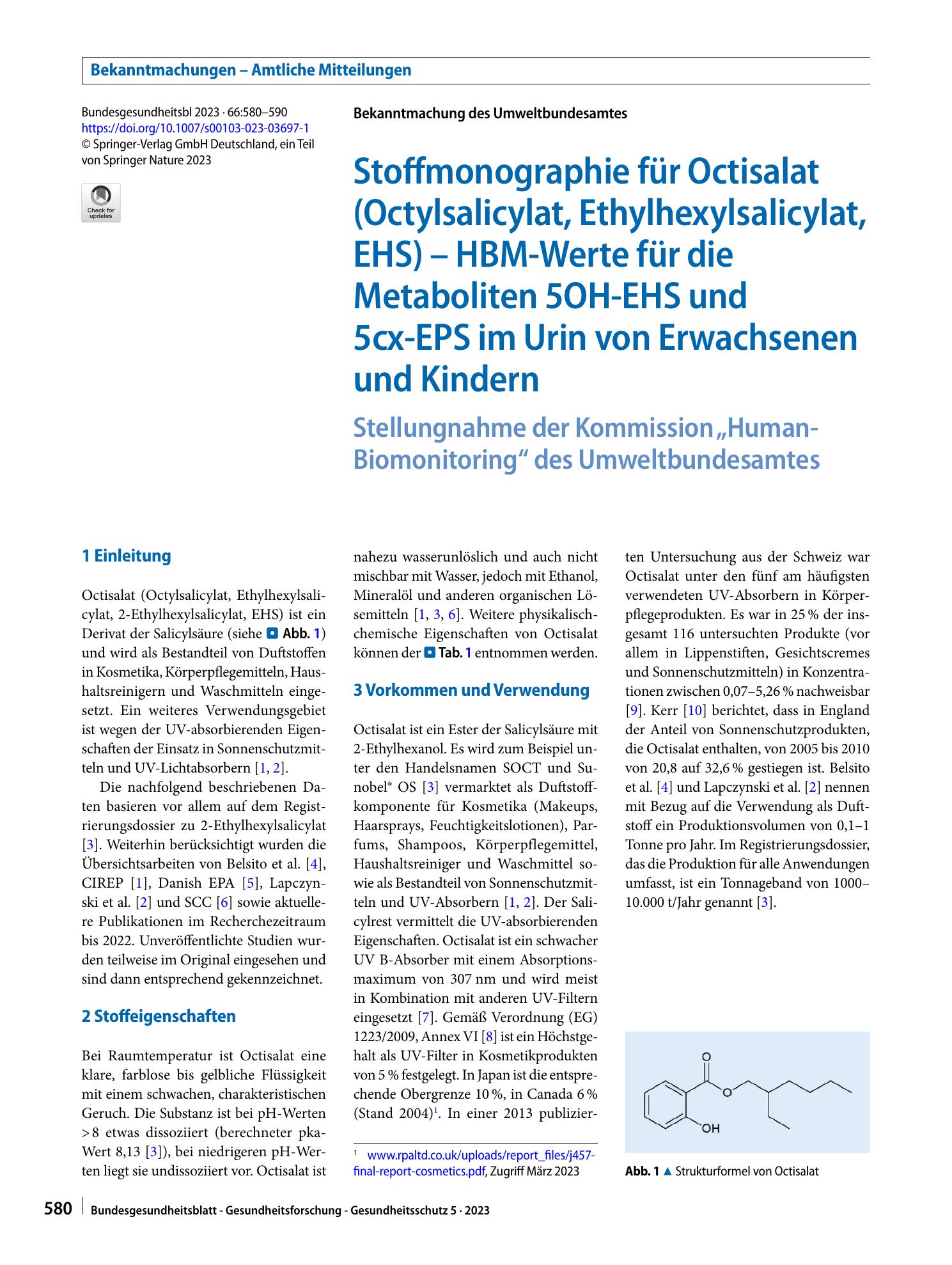 Vorschauseite 1: Stoffmonographie für Octisalat (Octylsalicylat, Ethylhexylsalicylat, EHS) – HBM-​Werte für die Metaboliten 5OH-EHS und 5cx-EPS im Urin von Erwachsenen und Kindern