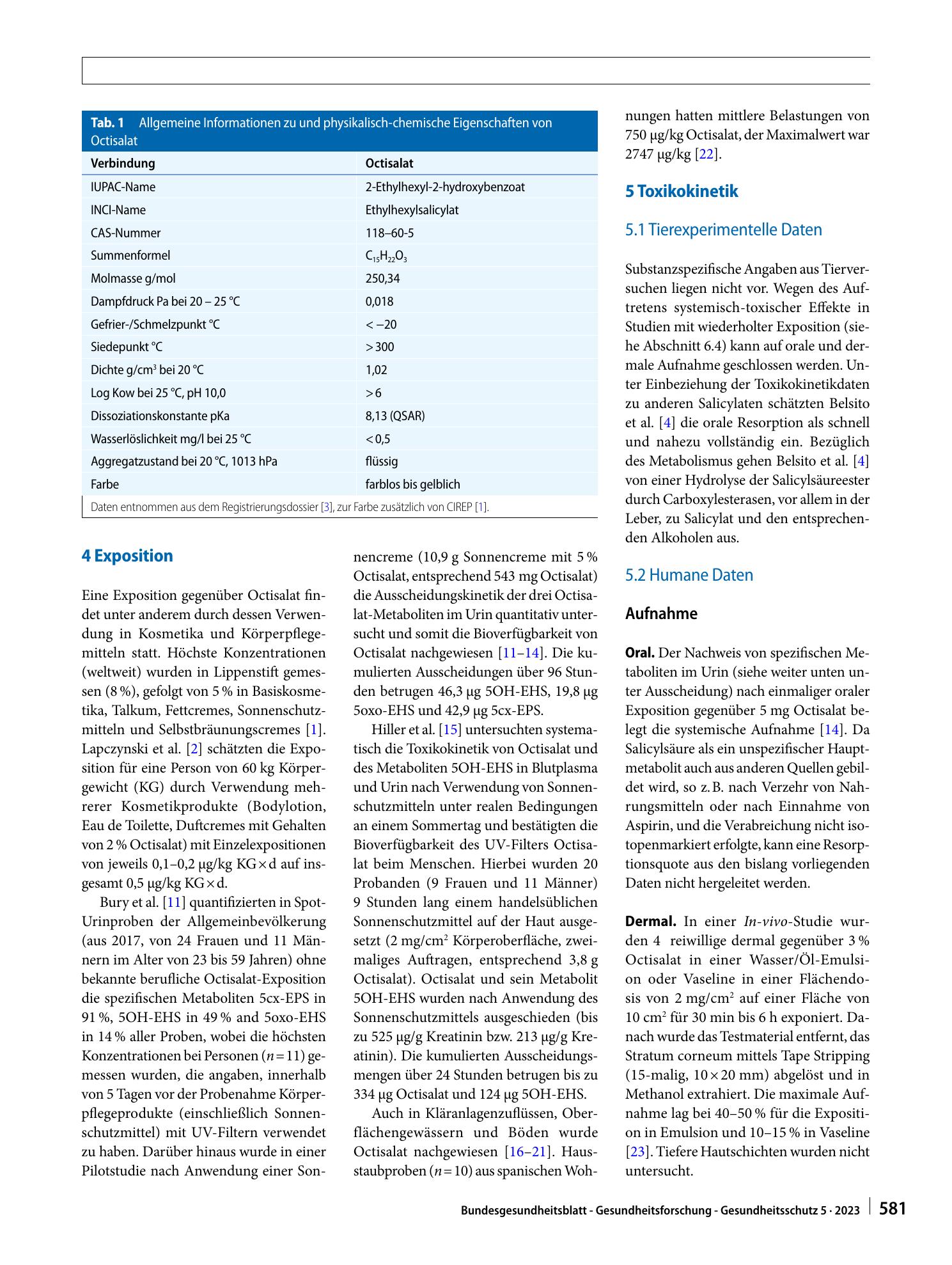 Vorschauseite 2: Stoffmonographie für Octisalat (Octylsalicylat, Ethylhexylsalicylat, EHS) – HBM-​Werte für die Metaboliten 5OH-EHS und 5cx-EPS im Urin von Erwachsenen und Kindern