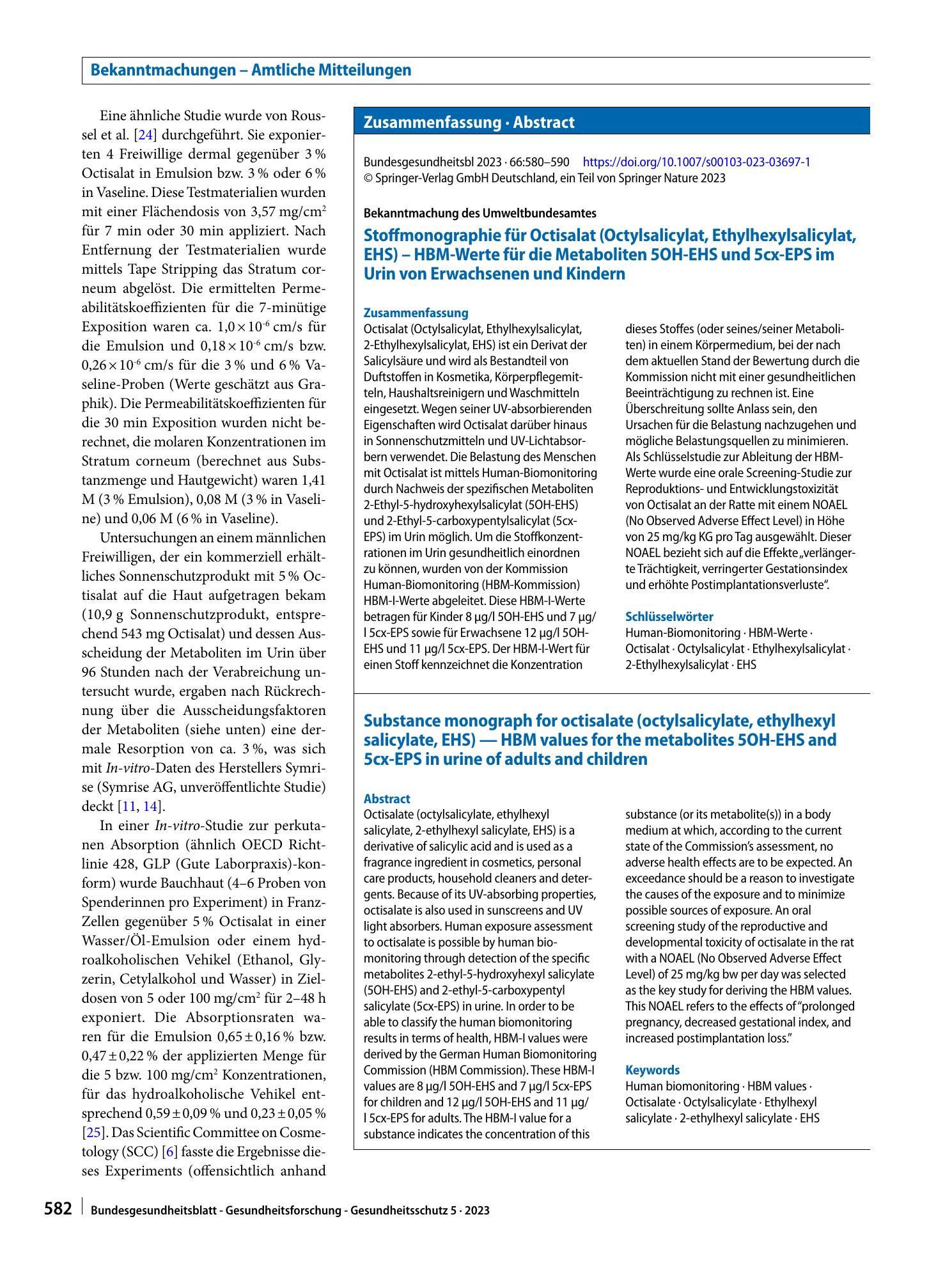 Vorschauseite 3: Stoffmonographie für Octisalat (Octylsalicylat, Ethylhexylsalicylat, EHS) – HBM-​Werte für die Metaboliten 5OH-EHS und 5cx-EPS im Urin von Erwachsenen und Kindern