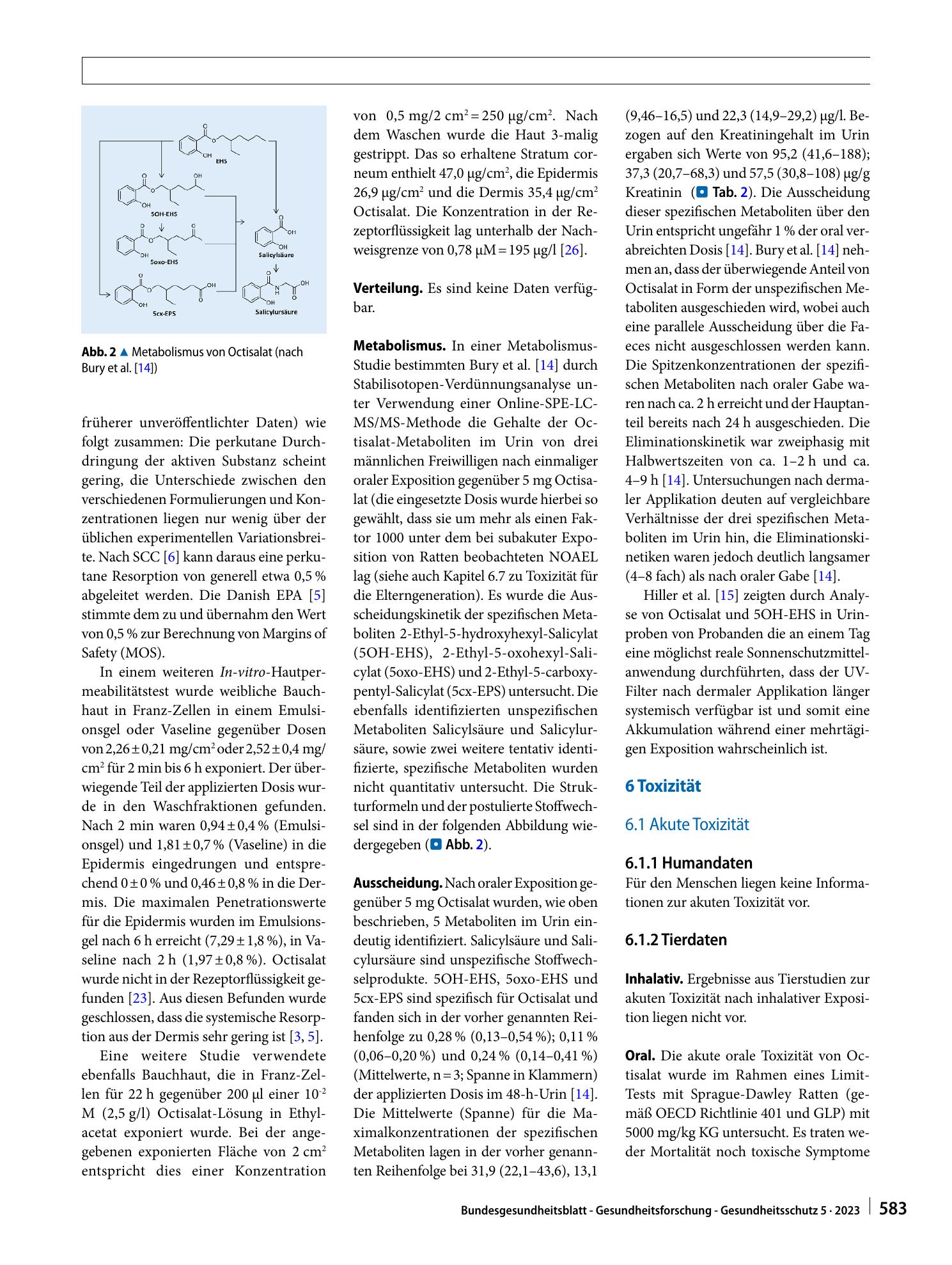 Vorschauseite 4: Stoffmonographie für Octisalat (Octylsalicylat, Ethylhexylsalicylat, EHS) – HBM-​Werte für die Metaboliten 5OH-EHS und 5cx-EPS im Urin von Erwachsenen und Kindern