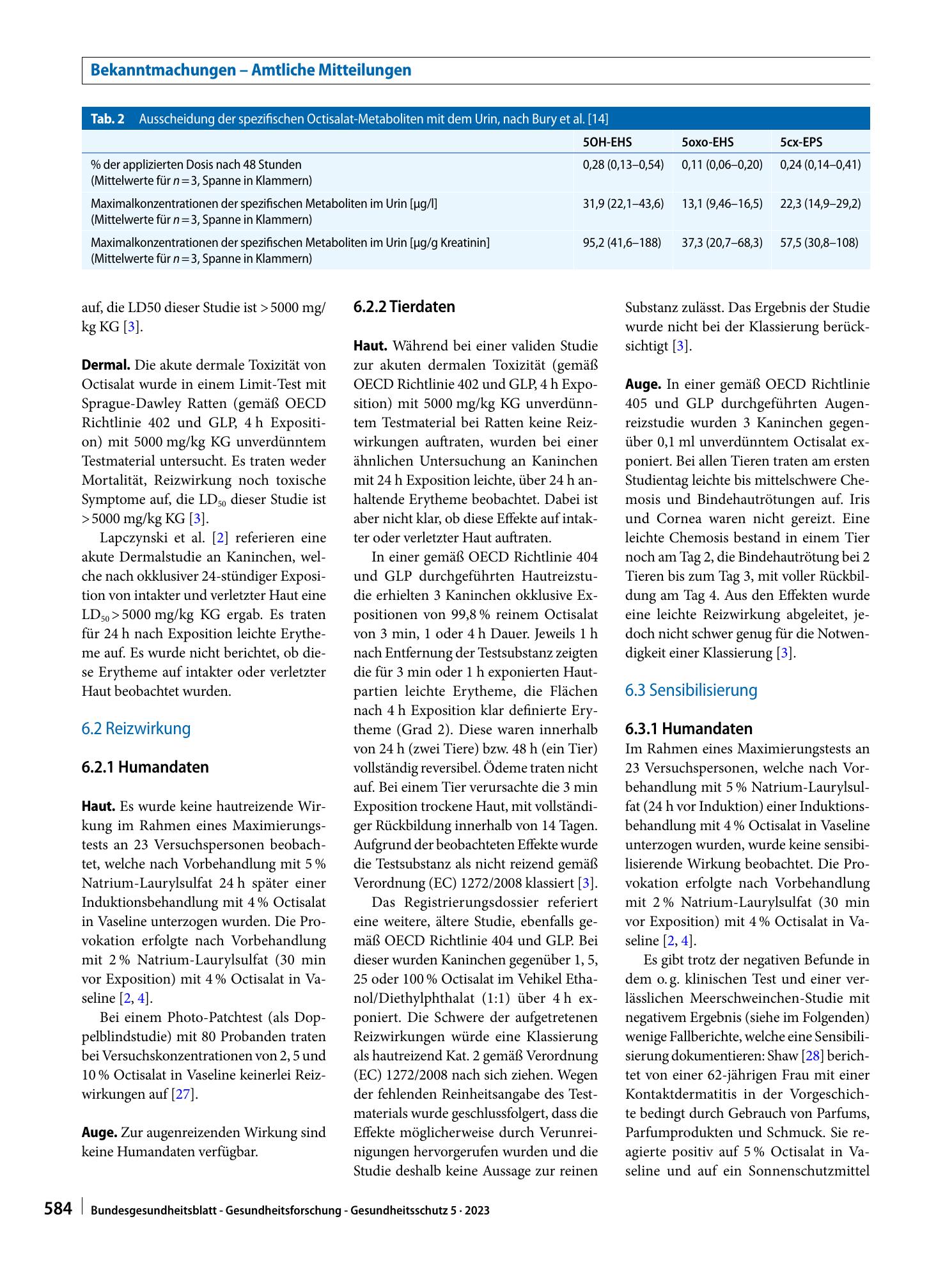 Vorschauseite 5: Stoffmonographie für Octisalat (Octylsalicylat, Ethylhexylsalicylat, EHS) – HBM-​Werte für die Metaboliten 5OH-EHS und 5cx-EPS im Urin von Erwachsenen und Kindern