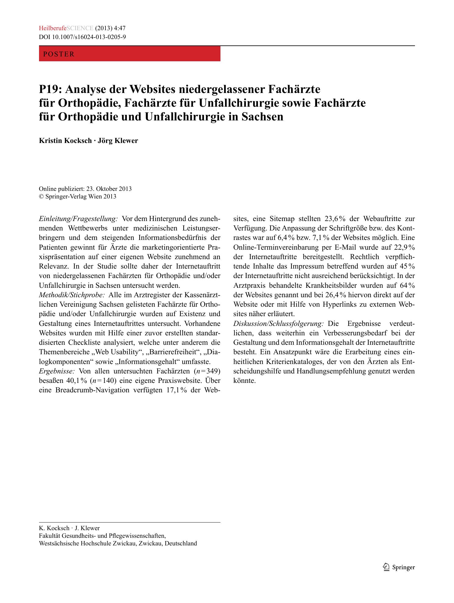 Vorschauseite 1: P19: Analyse der Websites niedergelassener Fachärzte für Orthopädie, Fachärzte für Unfallchirurgie sowie Fachärzte für Orthopädie und Unfallchirurgie in Sachsen